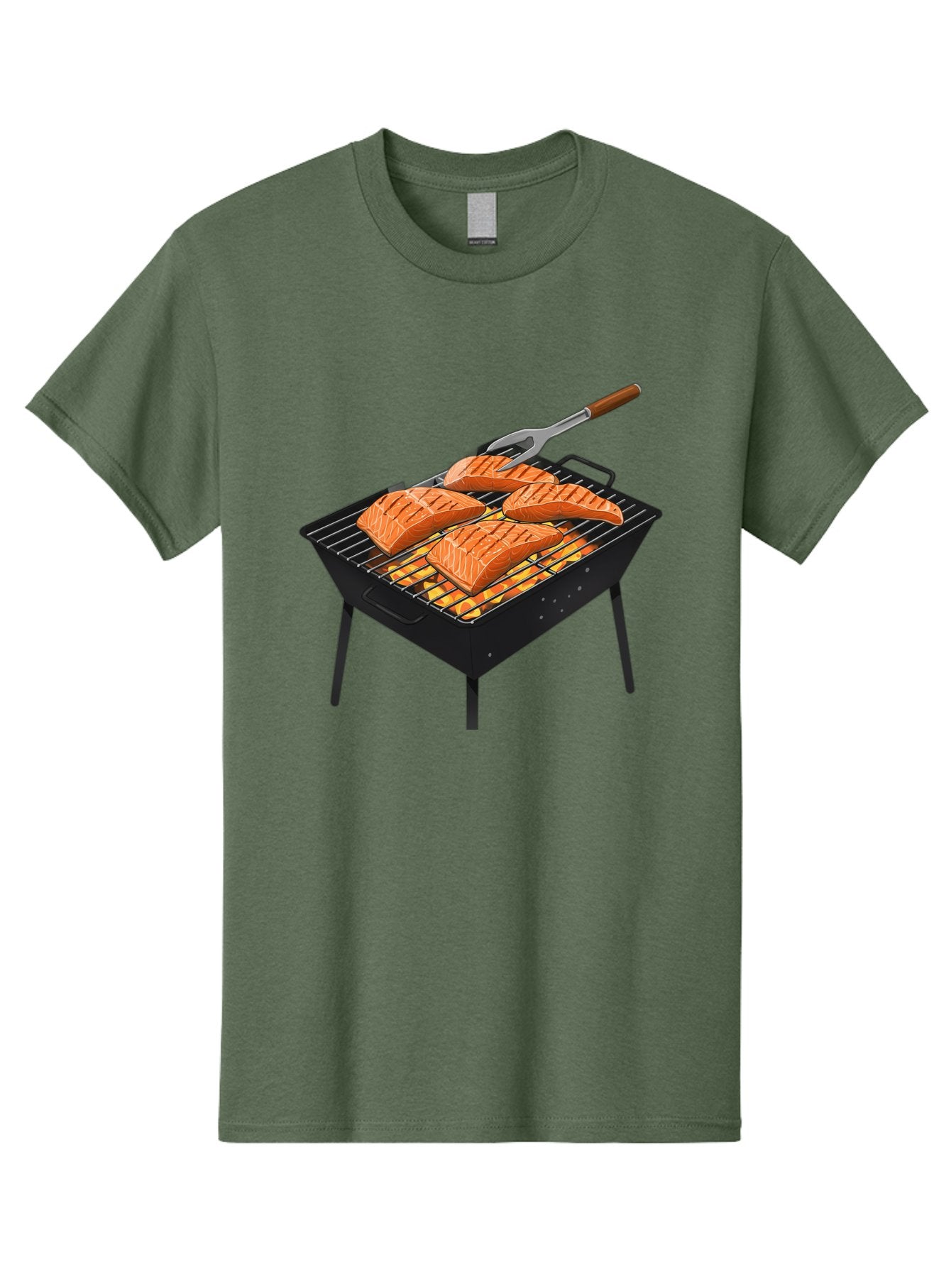 Salmon-On-Grill Men'S Graphic Tee, 100% Cotton, Comfortable Casual Summer Wear, Machine Washable, Grilled Salmon, Salmon Fillets, Barbecue Grill, Grilled Fish, Seafood, Food, Healthy Eating, Grilling Bac387