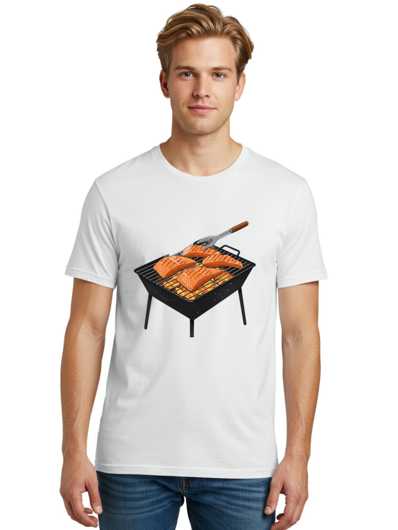 Salmon-On-Grill Men'S Graphic Tee, 100% Cotton, Comfortable Casual Summer Wear, Machine Washable, Grilled Salmon, Salmon Fillets, Barbecue Grill, Grilled Fish, Seafood, Food, Healthy Eating, Grilling Bac387 30