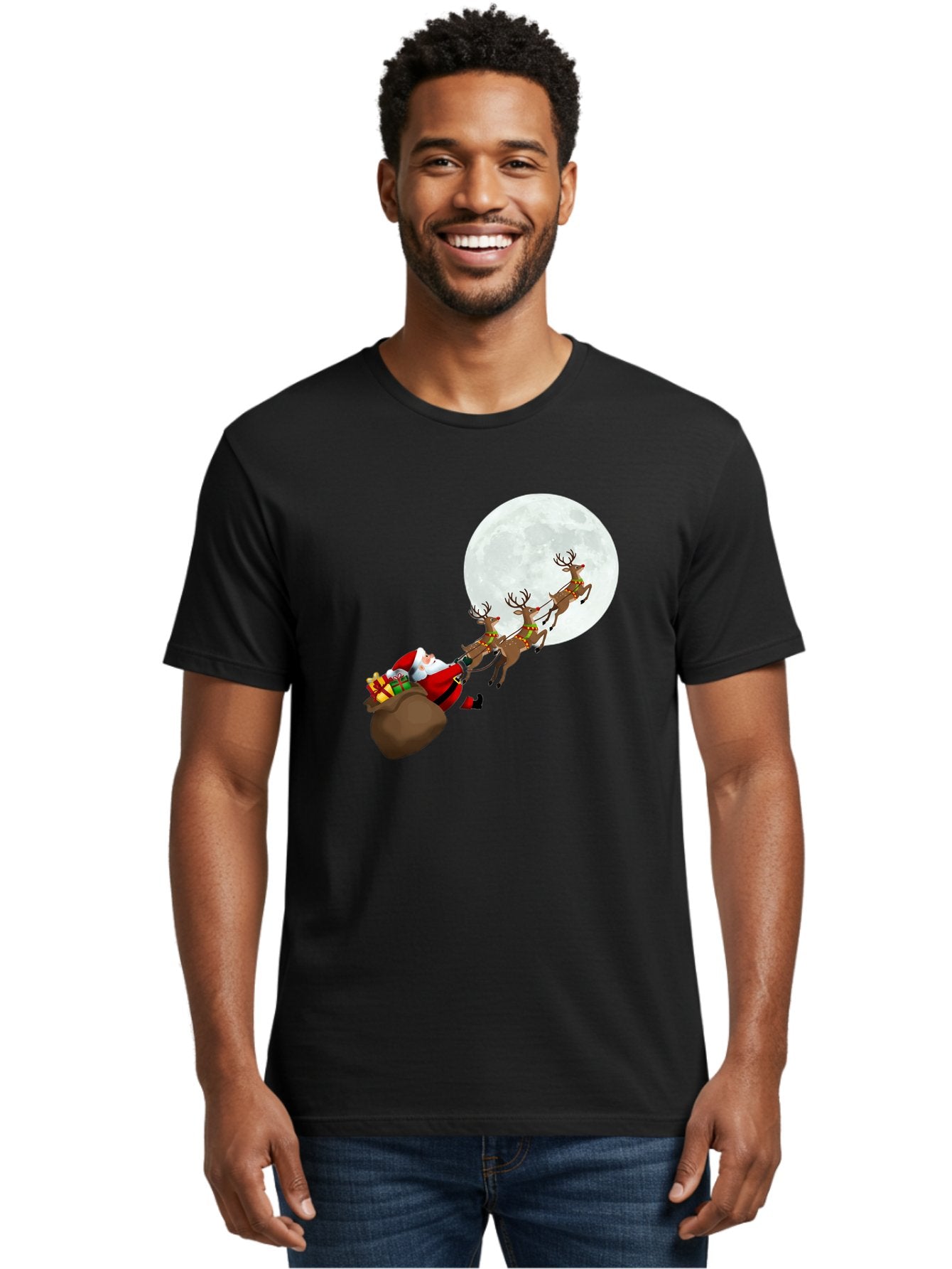 Santa-And-Reindeer Men'S Graphic Tee, 100% Cotton, Comfortable Casual Summer Wear, Machine Washable, Santa Claus, Reindeer, Sack Of Gifts, Christmas Magic, Holiday Cheer, Festive Season, Joyful Atmosphere, Christmas Presents, Sleigh Ride, Bac390 29