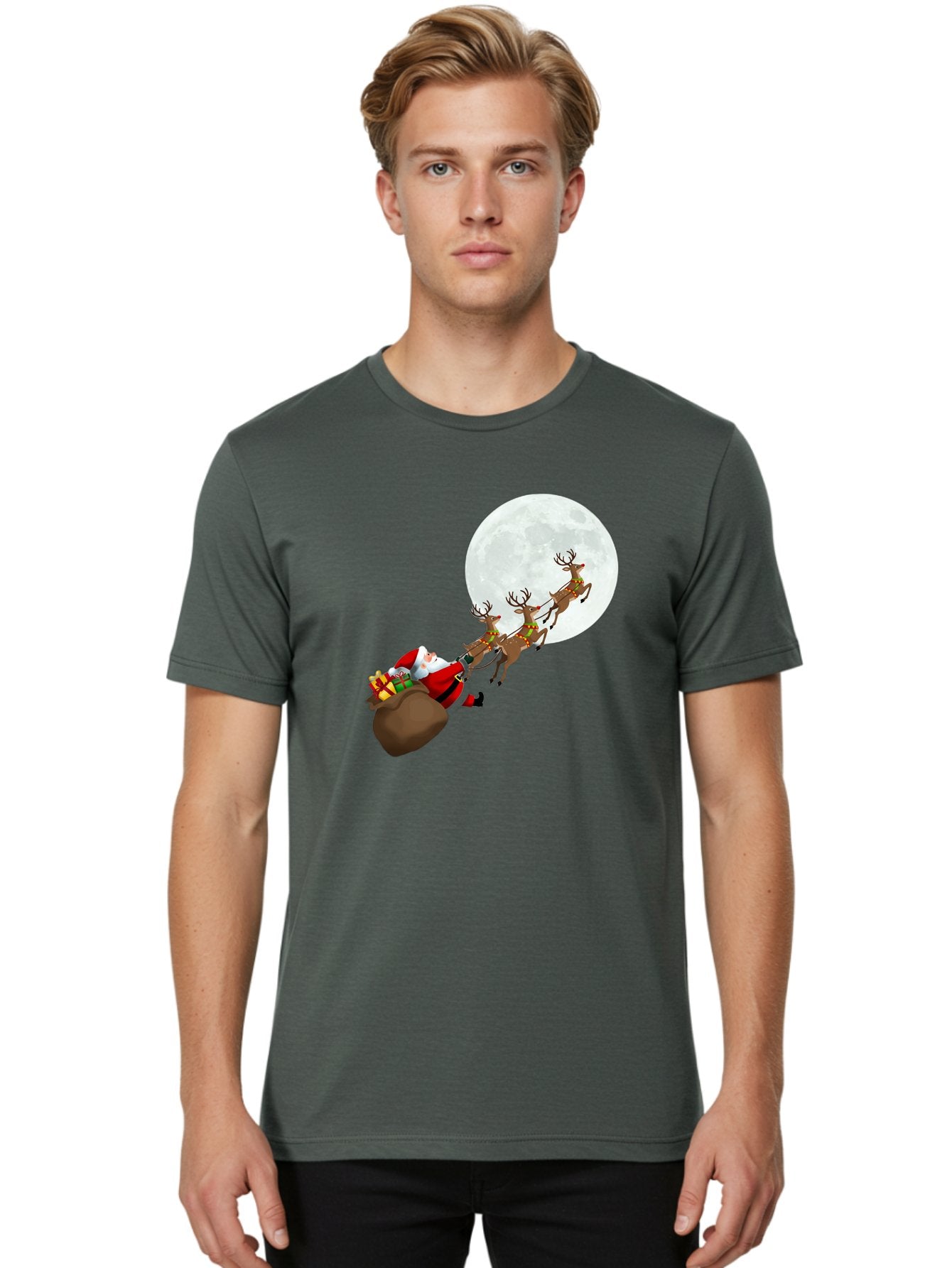 Santa-And-Reindeer Men'S Graphic Tee, 100% Cotton, Comfortable Casual Summer Wear, Machine Washable, Santa Claus, Reindeer, Sack Of Gifts, Christmas Magic, Holiday Cheer, Festive Season, Joyful Atmosphere, Christmas Presents, Sleigh Ride, Bac390 26