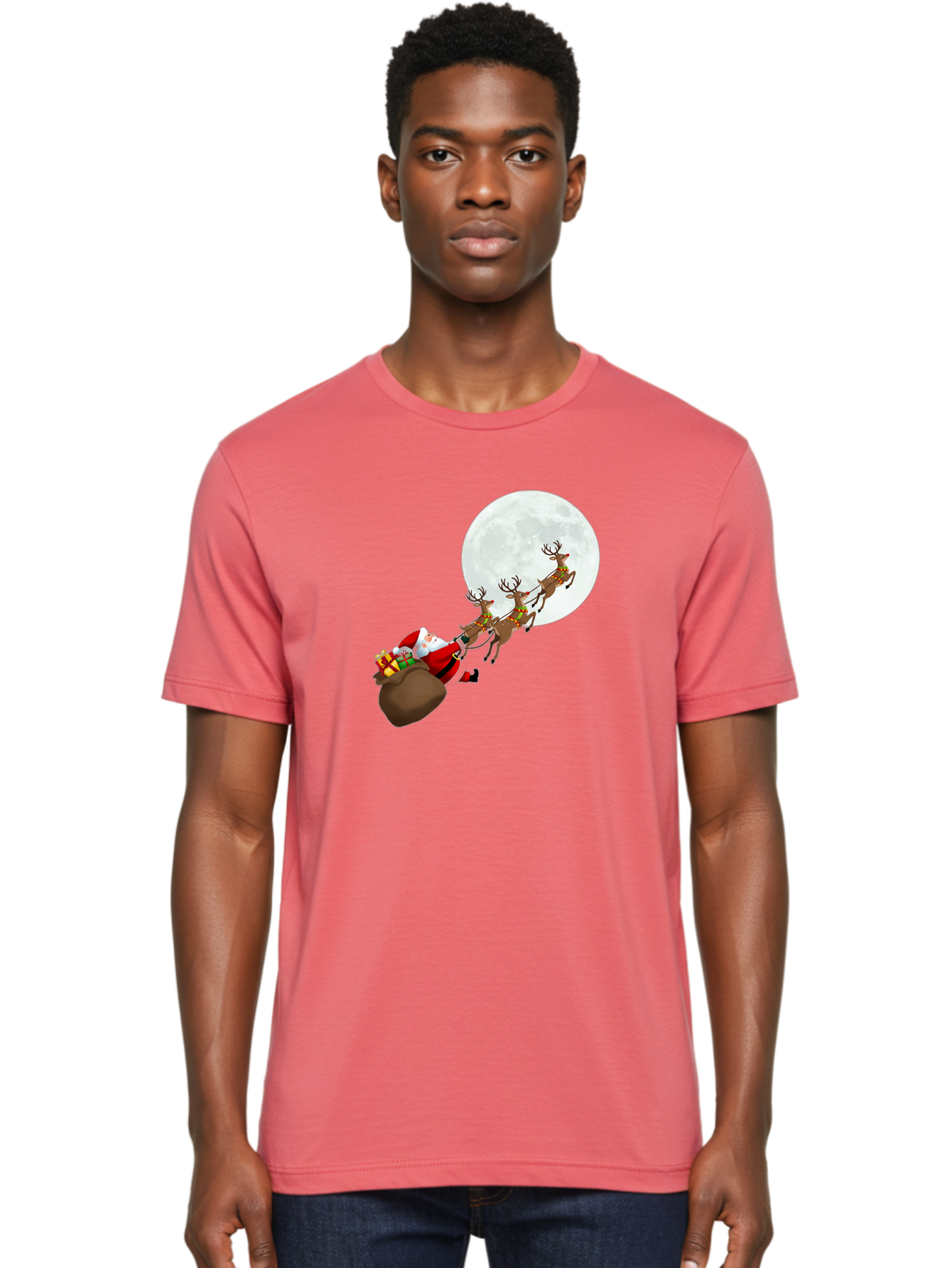 Santa-And-Reindeer Men'S Graphic Tee, 100% Cotton, Comfortable Casual Summer Wear, Machine Washable, Santa Claus, Reindeer, Sack Of Gifts, Christmas Magic, Holiday Cheer, Festive Season, Joyful Atmosphere, Christmas Presents, Sleigh Ride, Bac390 28