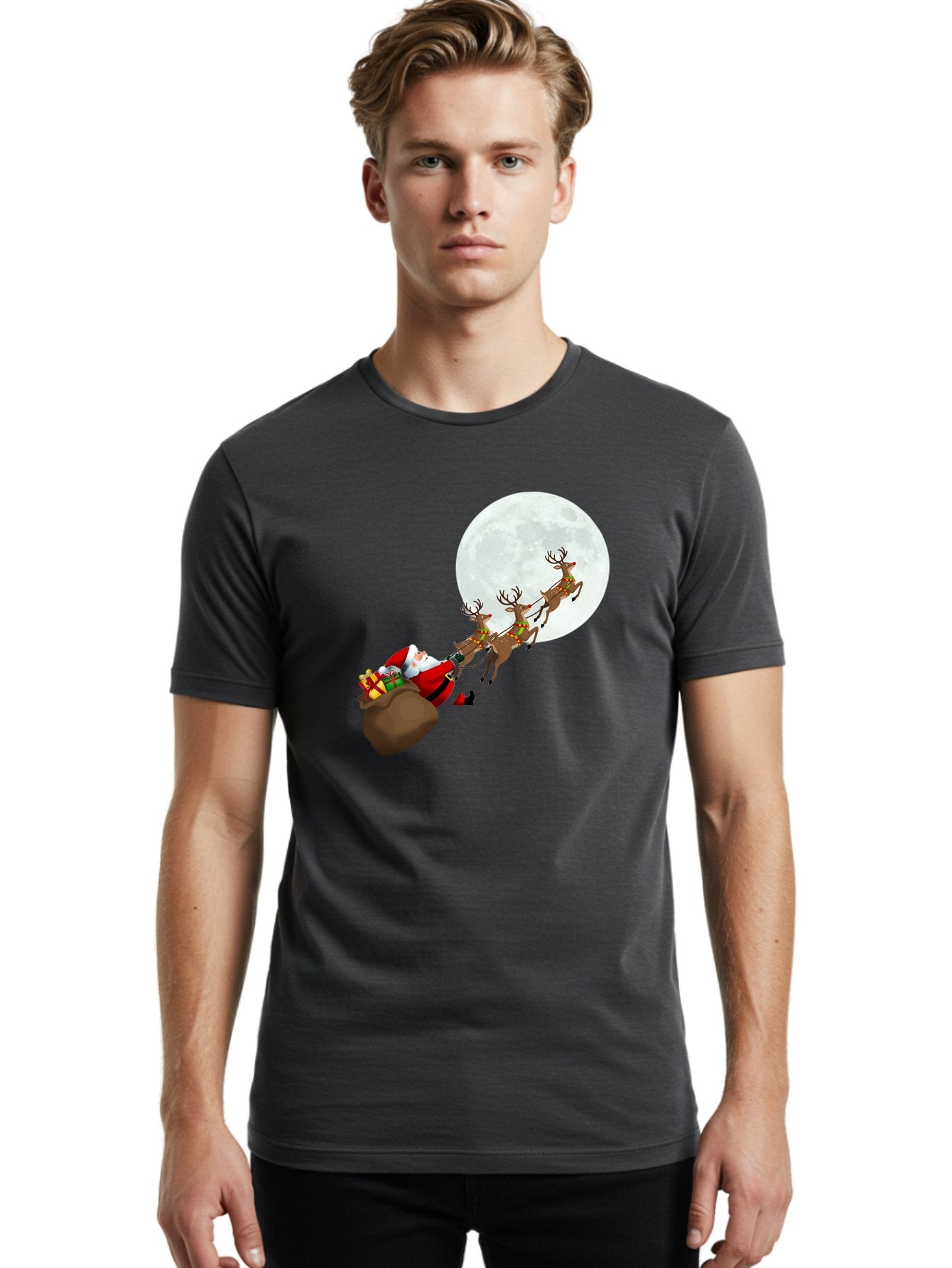 Santa-And-Reindeer Men'S Graphic Tee, 100% Cotton, Comfortable Casual Summer Wear, Machine Washable, Santa Claus, Reindeer, Sack Of Gifts, Christmas Magic, Holiday Cheer, Festive Season, Joyful Atmosphere, Christmas Presents, Sleigh Ride, Bac390 18