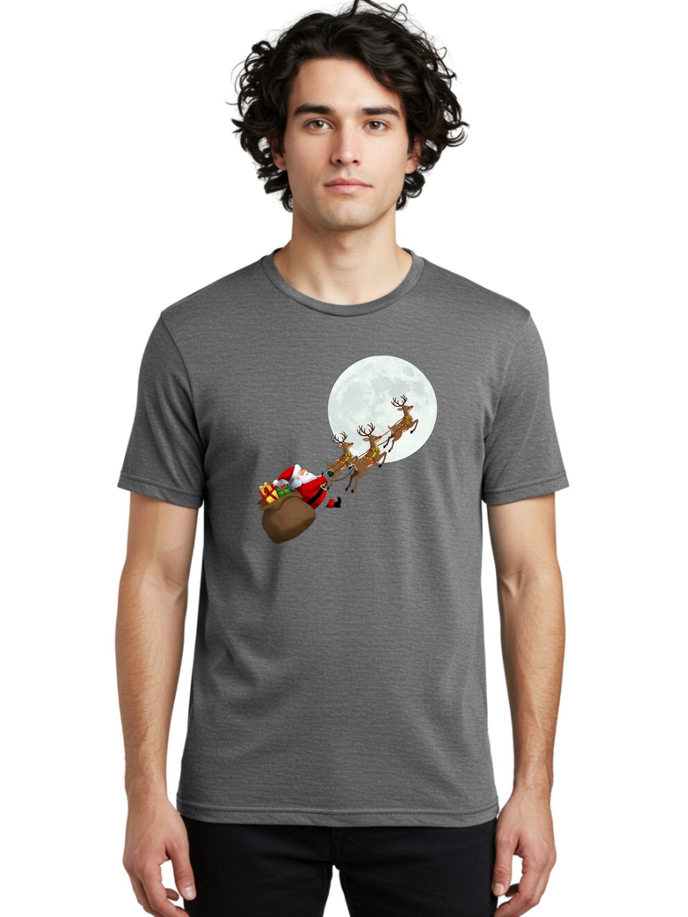 Santa-And-Reindeer Men'S Graphic Tee, 100% Cotton, Comfortable Casual Summer Wear, Machine Washable, Santa Claus, Reindeer, Sack Of Gifts, Christmas Magic, Holiday Cheer, Festive Season, Joyful Atmosphere, Christmas Presents, Sleigh Ride, Bac390 28