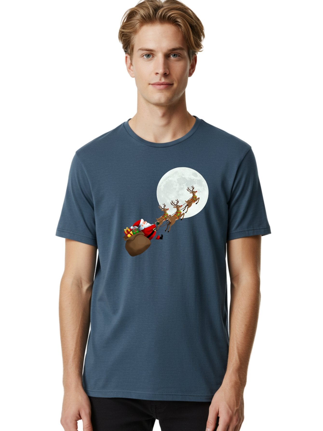 Santa-And-Reindeer Men'S Graphic Tee, 100% Cotton, Comfortable Casual Summer Wear, Machine Washable, Santa Claus, Reindeer, Sack Of Gifts, Christmas Magic, Holiday Cheer, Festive Season, Joyful Atmosphere, Christmas Presents, Sleigh Ride, Bac390 24