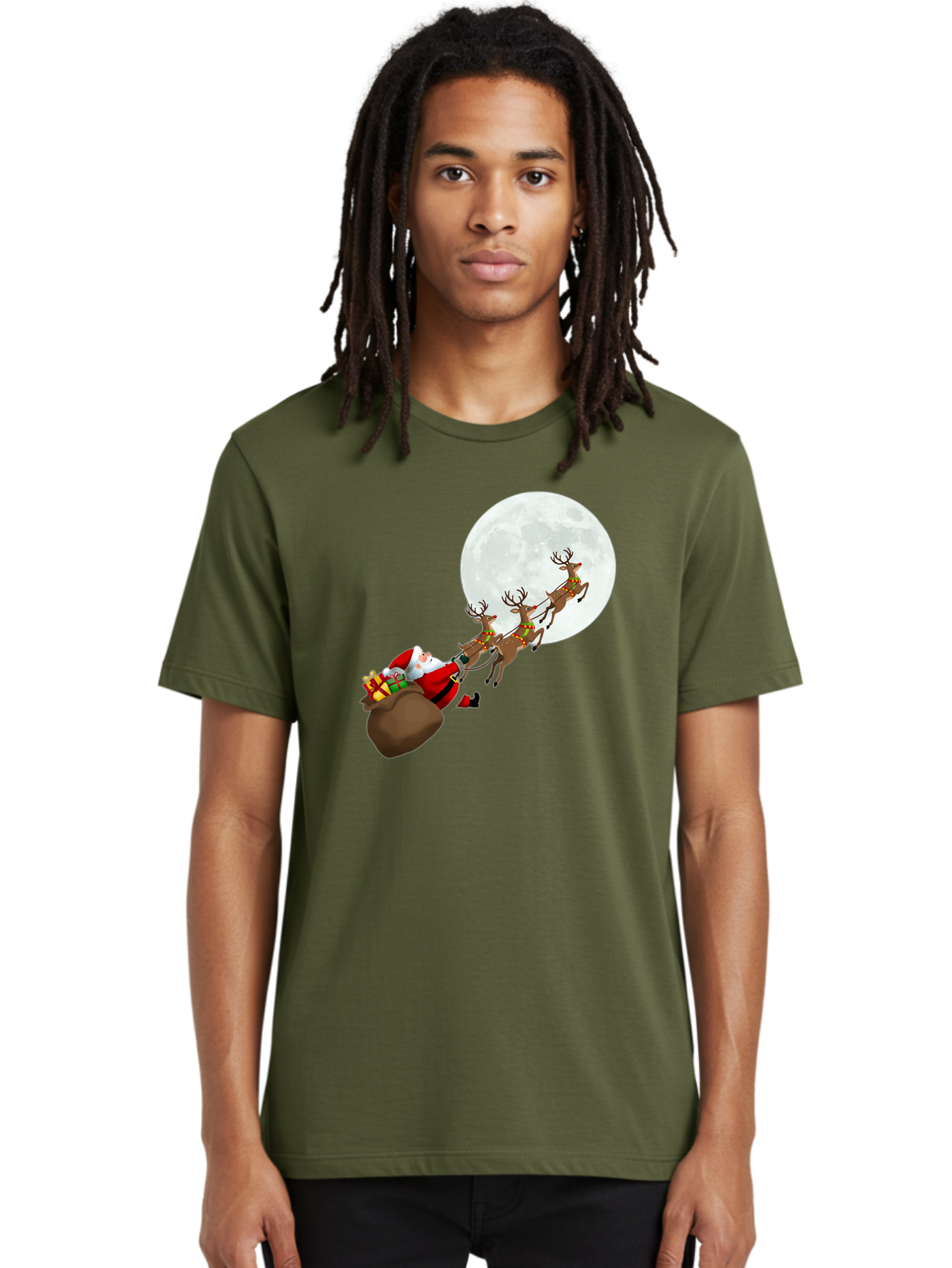 Santa-And-Reindeer Men'S Graphic Tee, 100% Cotton, Comfortable Casual Summer Wear, Machine Washable, Santa Claus, Reindeer, Sack Of Gifts, Christmas Magic, Holiday Cheer, Festive Season, Joyful Atmosphere, Christmas Presents, Sleigh Ride, Bac390 30