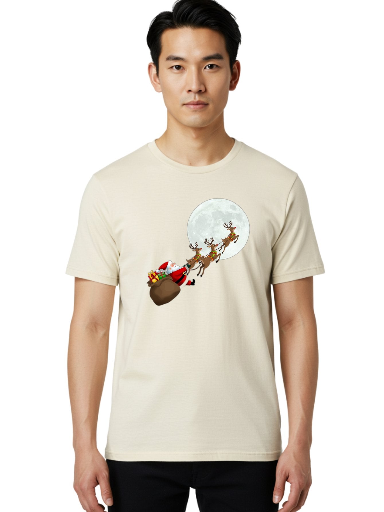 Santa-And-Reindeer Men'S Graphic Tee, 100% Cotton, Comfortable Casual Summer Wear, Machine Washable, Santa Claus, Reindeer, Sack Of Gifts, Christmas Magic, Holiday Cheer, Festive Season, Joyful Atmosphere, Christmas Presents, Sleigh Ride, Bac390 21