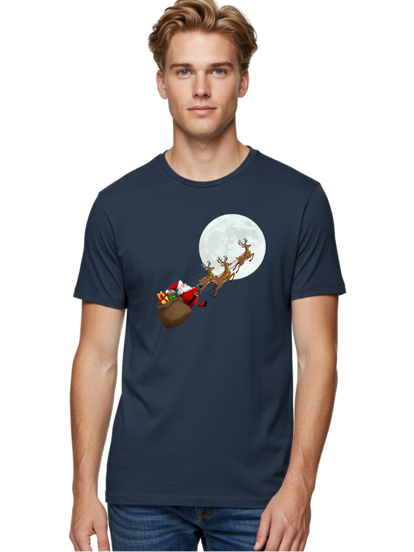 Santa-And-Reindeer Men'S Graphic Tee, 100% Cotton, Comfortable Casual Summer Wear, Machine Washable, Santa Claus, Reindeer, Sack Of Gifts, Christmas Magic, Holiday Cheer, Festive Season, Joyful Atmosphere, Christmas Presents, Sleigh Ride, Bac390 19