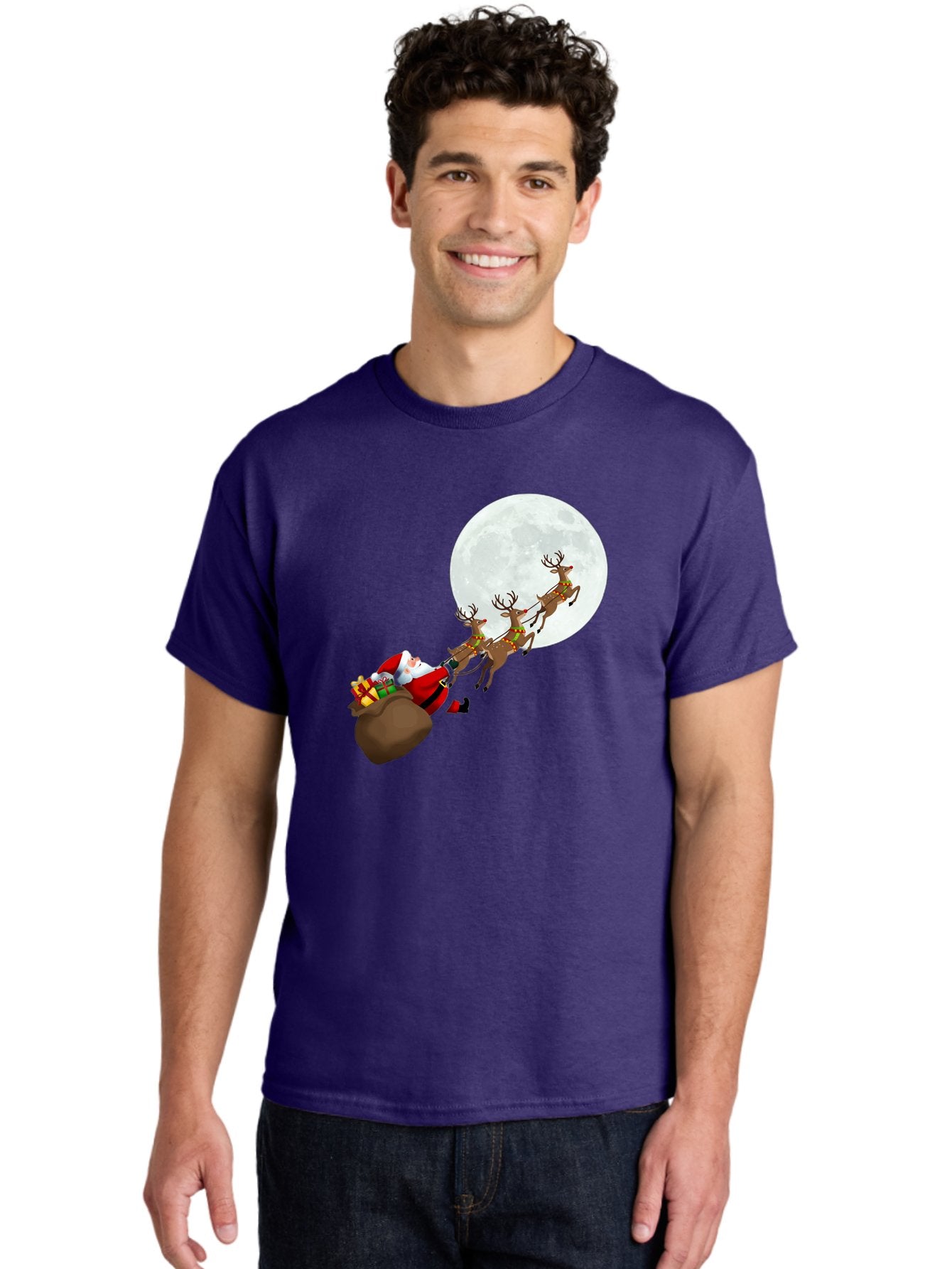 Santa-And-Reindeer Men'S Graphic Tee, 100% Cotton, Comfortable Casual Summer Wear, Machine Washable, Santa Claus, Reindeer, Sack Of Gifts, Christmas Magic, Holiday Cheer, Festive Season, Joyful Atmosphere, Christmas Presents, Sleigh Ride, Bac390 25