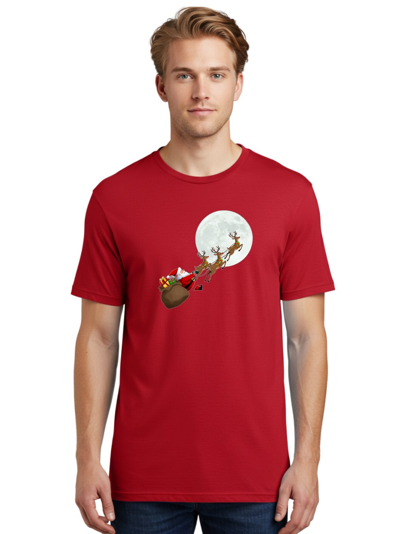Santa-And-Reindeer Men'S Graphic Tee, 100% Cotton, Comfortable Casual Summer Wear, Machine Washable, Santa Claus, Reindeer, Sack Of Gifts, Christmas Magic, Holiday Cheer, Festive Season, Joyful Atmosphere, Christmas Presents, Sleigh Ride, Bac390 17