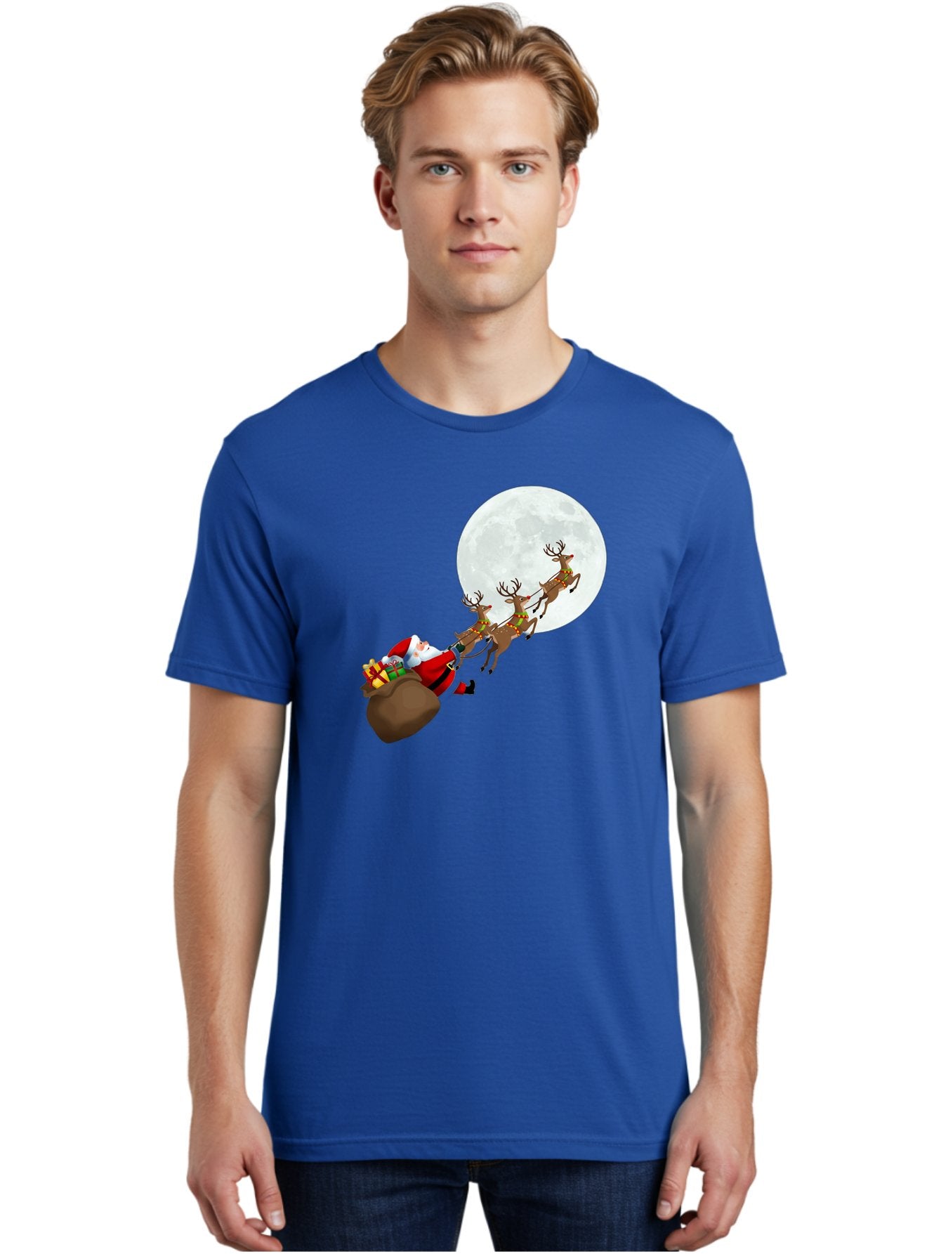 Santa-And-Reindeer Men'S Graphic Tee, 100% Cotton, Comfortable Casual Summer Wear, Machine Washable, Santa Claus, Reindeer, Sack Of Gifts, Christmas Magic, Holiday Cheer, Festive Season, Joyful Atmosphere, Christmas Presents, Sleigh Ride, Bac390 23