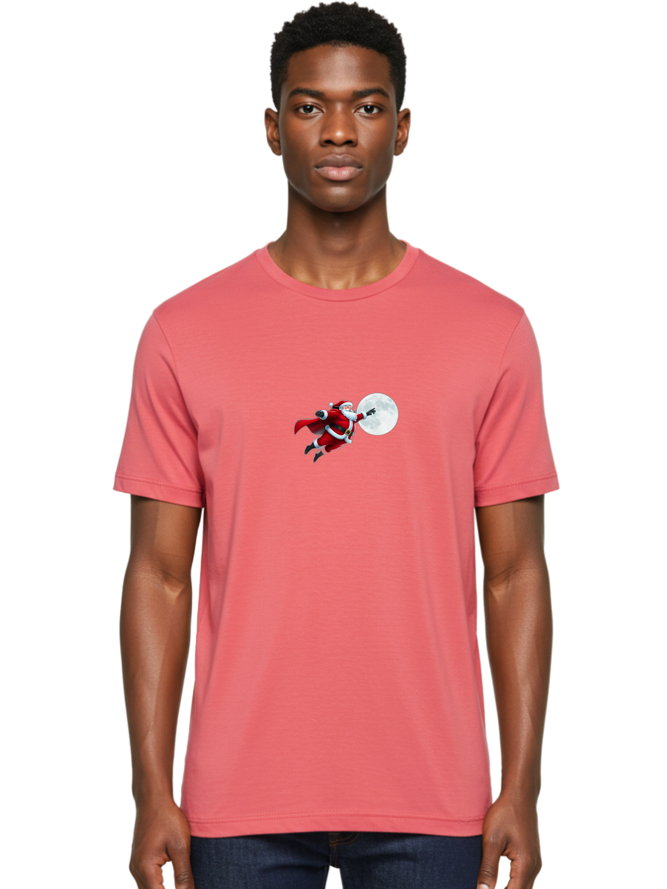 Santa-Claus-1 Men'S Graphic Tee, 100% Cotton, Comfortable Casual Summer Wear, Machine Washable, Santa Claus Flying Through Space, Holding A Gun, Full Moon, Christmas Icon, Festive Character, Holiday Cheer, Jolly Old Man, Gift Giving, Red Suit, Bac391 22