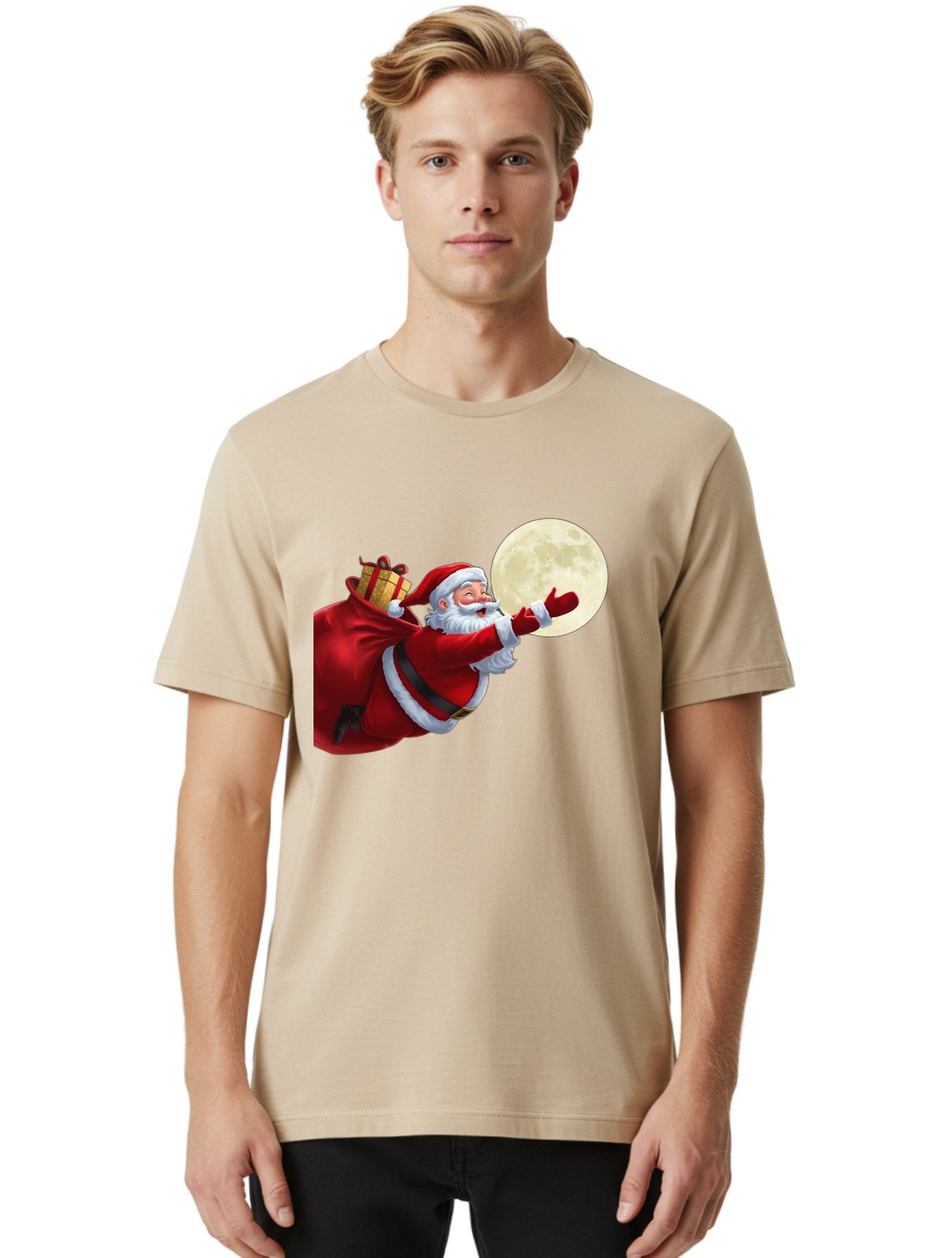 Santa-Claus-2 Men'S Graphic Tee, 100% Cotton, Comfortable Casual Summer Wear, Machine Washable, Santa Claus, Gift Bag, Full Moon, Holiday Season, Christmas Magic, Jolly Old Elf, Festive Atmosphere, Red Suit, White Beard Bac392 17