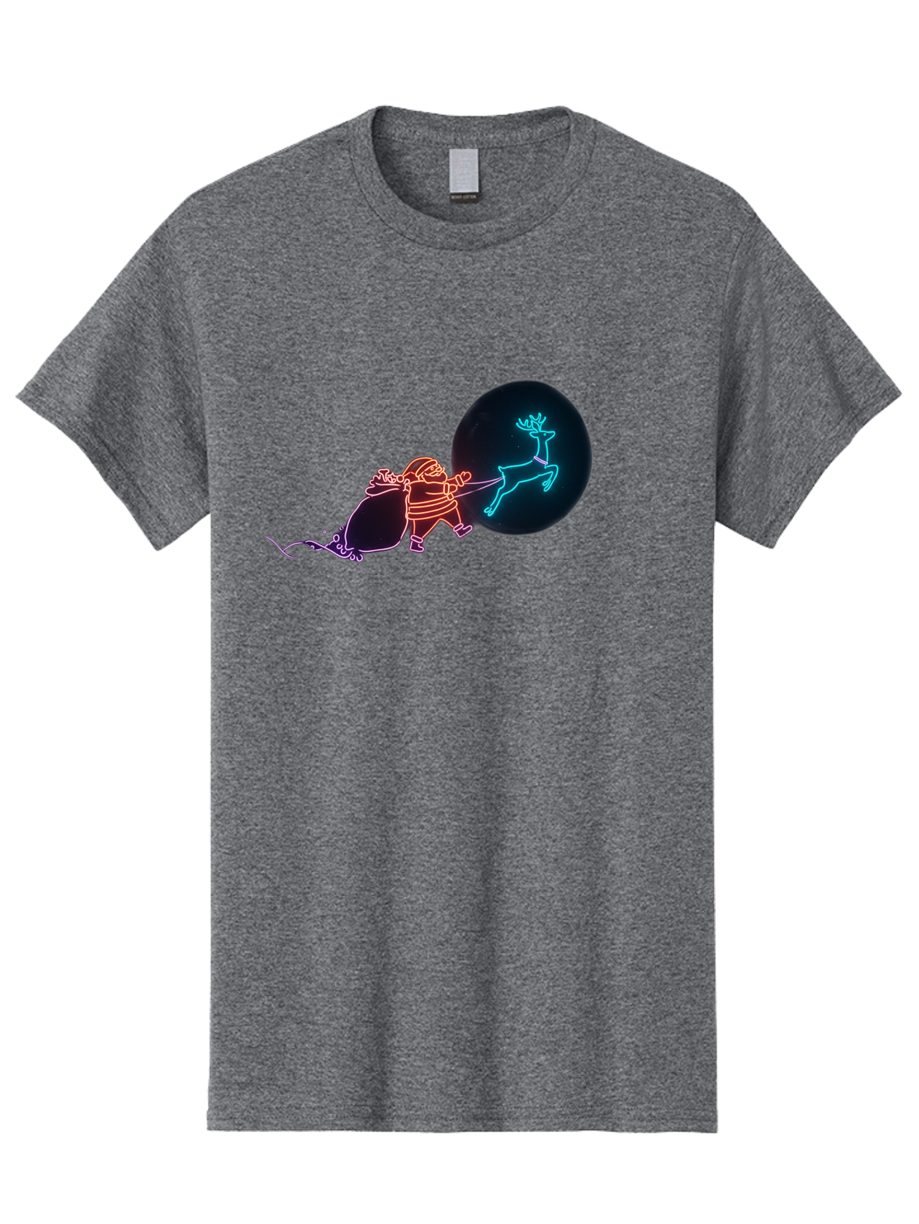 Santa-Claus-Reindeer Men'S Graphic Tee, 100% Cotton, Comfortable Casual Summer Wear, Machine Washable, Santa Claus Pulling Reindeer, Christmas Magic, Holiday Cheer, Neon Lights, Festive Scene, Jolly Old Elf, Christmas Gift, Holiday Season Bac393
