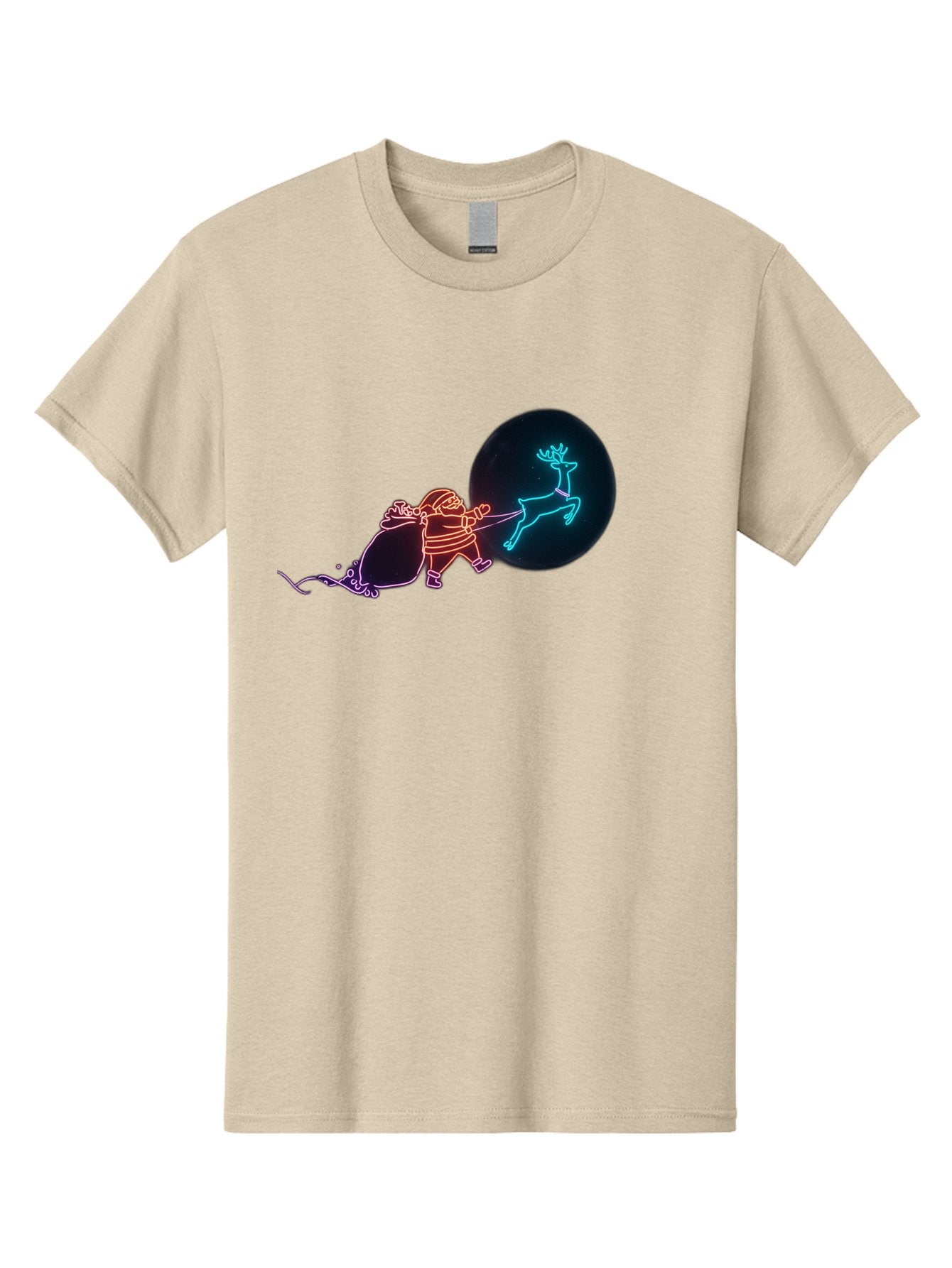 Santa-Claus-Reindeer Men'S Graphic Tee, 100% Cotton, Comfortable Casual Summer Wear, Machine Washable, Santa Claus Pulling Reindeer, Christmas Magic, Holiday Cheer, Neon Lights, Festive Scene, Jolly Old Elf, Christmas Gift, Holiday Season Bac393 11