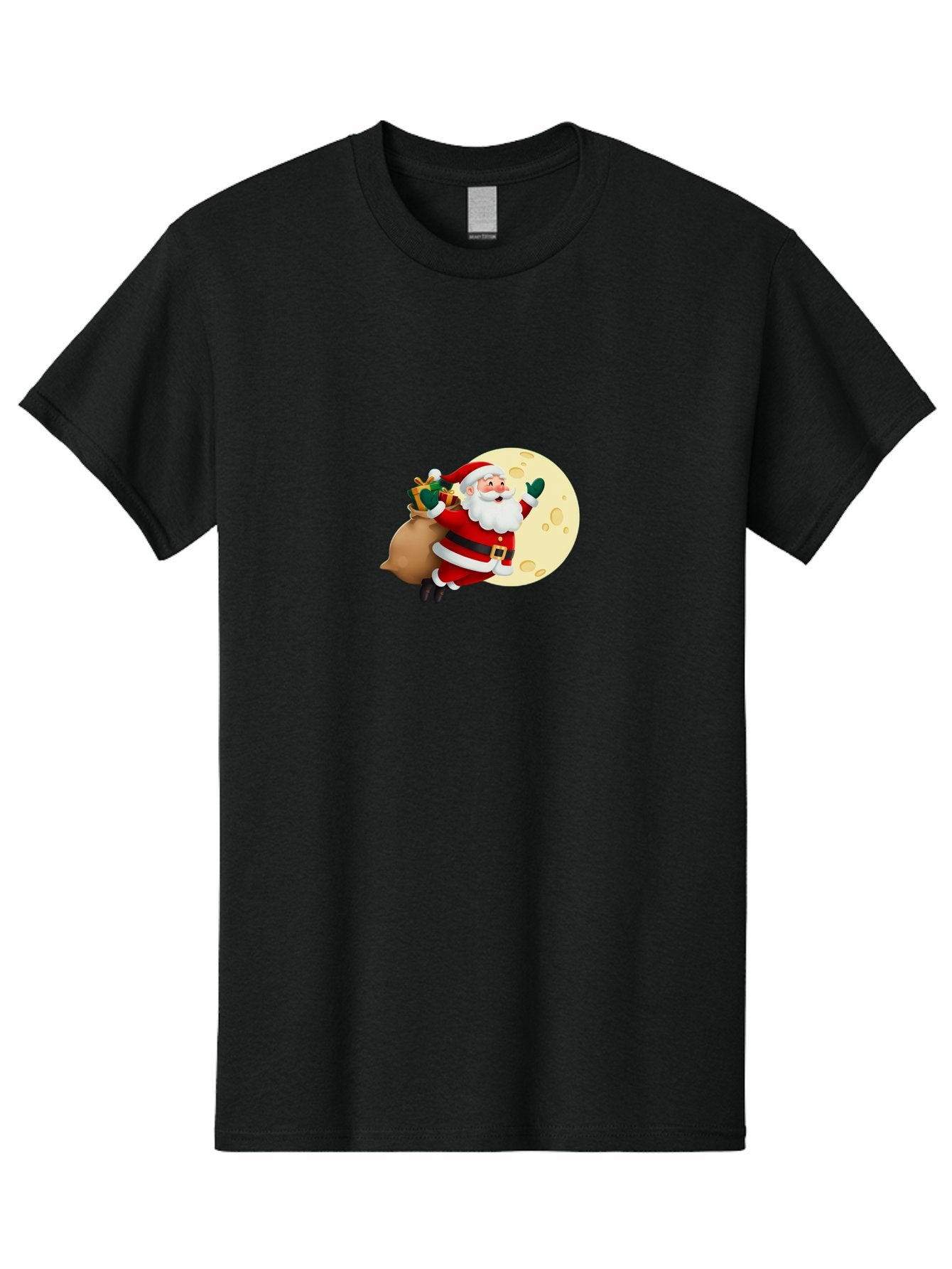 Santa-Claus Men'S Graphic Tee, 100% Cotton, Comfortable Casual Summer Wear, Machine Washable, Santa Claus Flying, Full Moon, Christmas Gifts, Festive Season, Holiday Cheer, Jolly Old Man, Sack Of Toys, Waving Hand, Joyful Atmosphere, Bac394 4