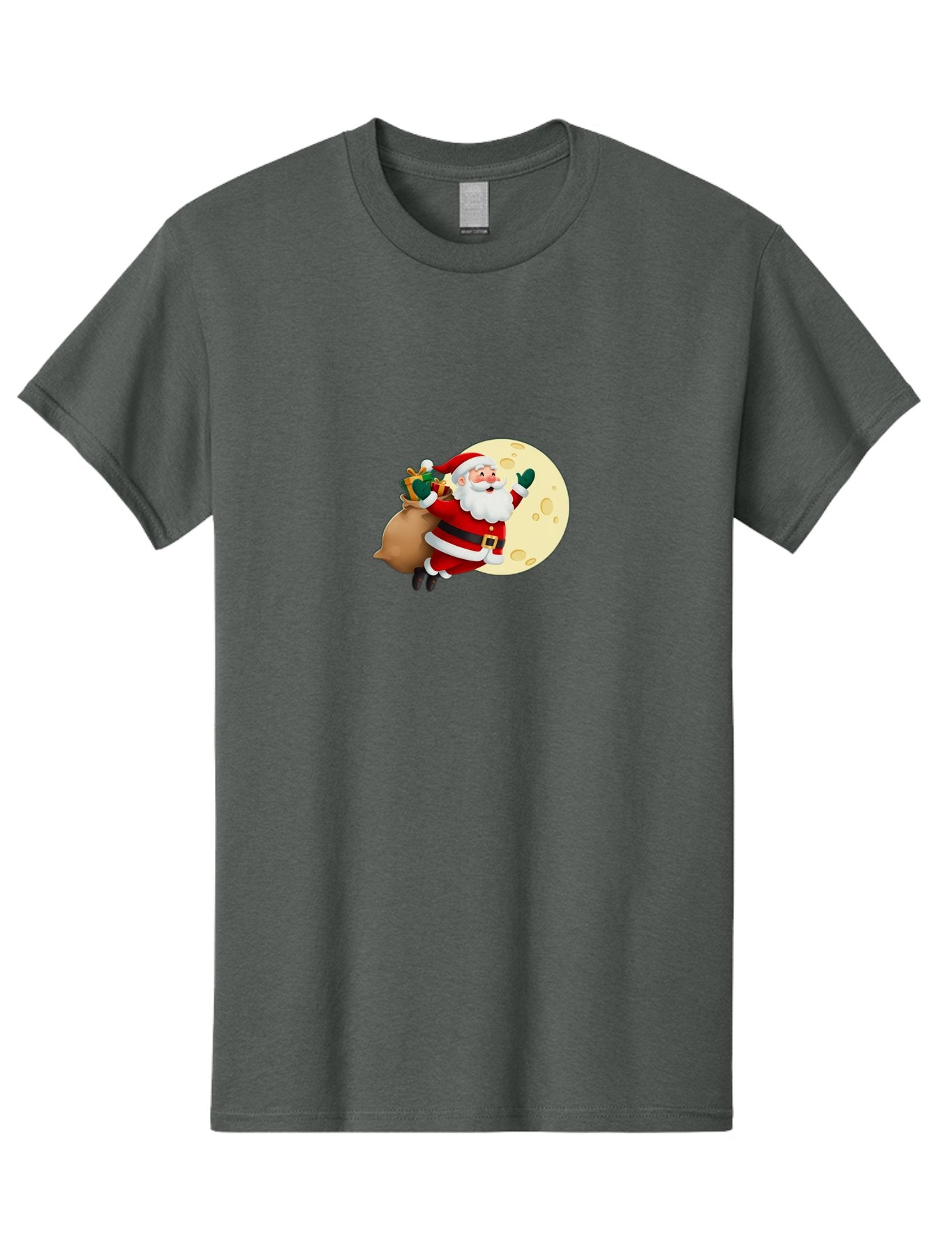 Santa-Claus Men'S Graphic Tee, 100% Cotton, Comfortable Casual Summer Wear, Machine Washable, Santa Claus Flying, Full Moon, Christmas Gifts, Festive Season, Holiday Cheer, Jolly Old Man, Sack Of Toys, Waving Hand, Joyful Atmosphere, Bac394