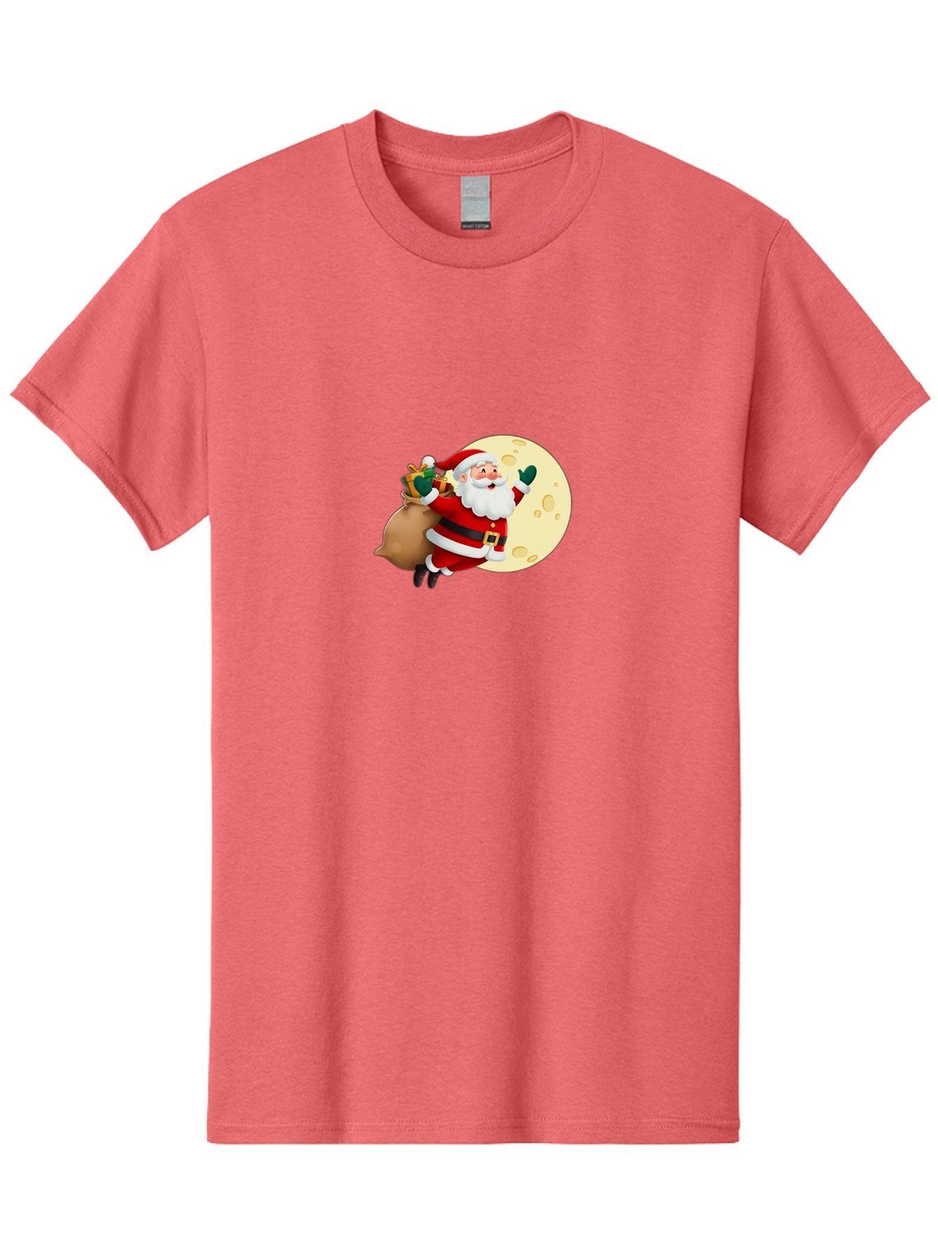 Santa-Claus Men'S Graphic Tee, 100% Cotton, Comfortable Casual Summer Wear, Machine Washable, Santa Claus Flying, Full Moon, Christmas Gifts, Festive Season, Holiday Cheer, Jolly Old Man, Sack Of Toys, Waving Hand, Joyful Atmosphere, Bac394 6
