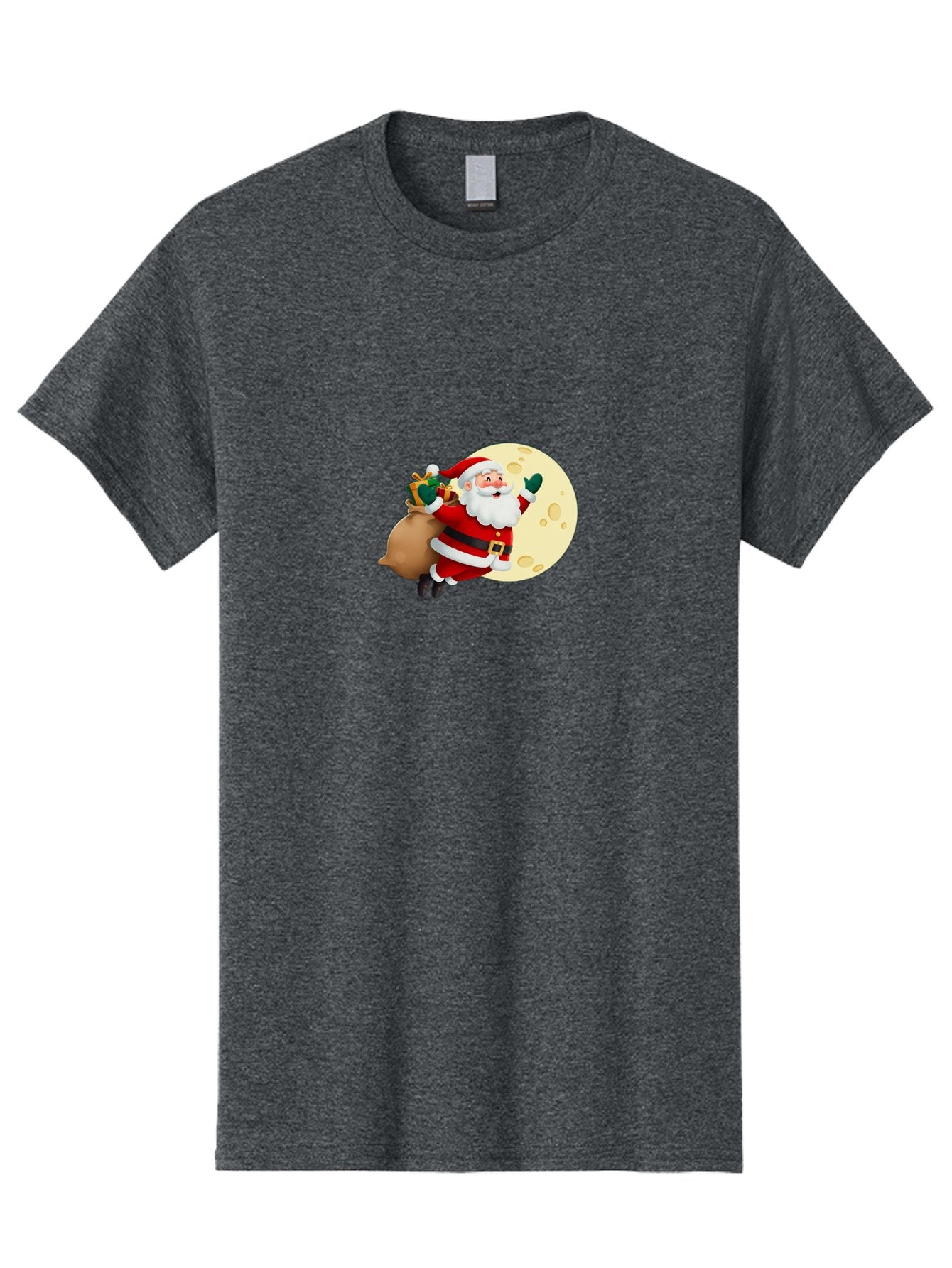 Santa-Claus Men'S Graphic Tee, 100% Cotton, Comfortable Casual Summer Wear, Machine Washable, Santa Claus Flying, Full Moon, Christmas Gifts, Festive Season, Holiday Cheer, Jolly Old Man, Sack Of Toys, Waving Hand, Joyful Atmosphere, Bac394 13