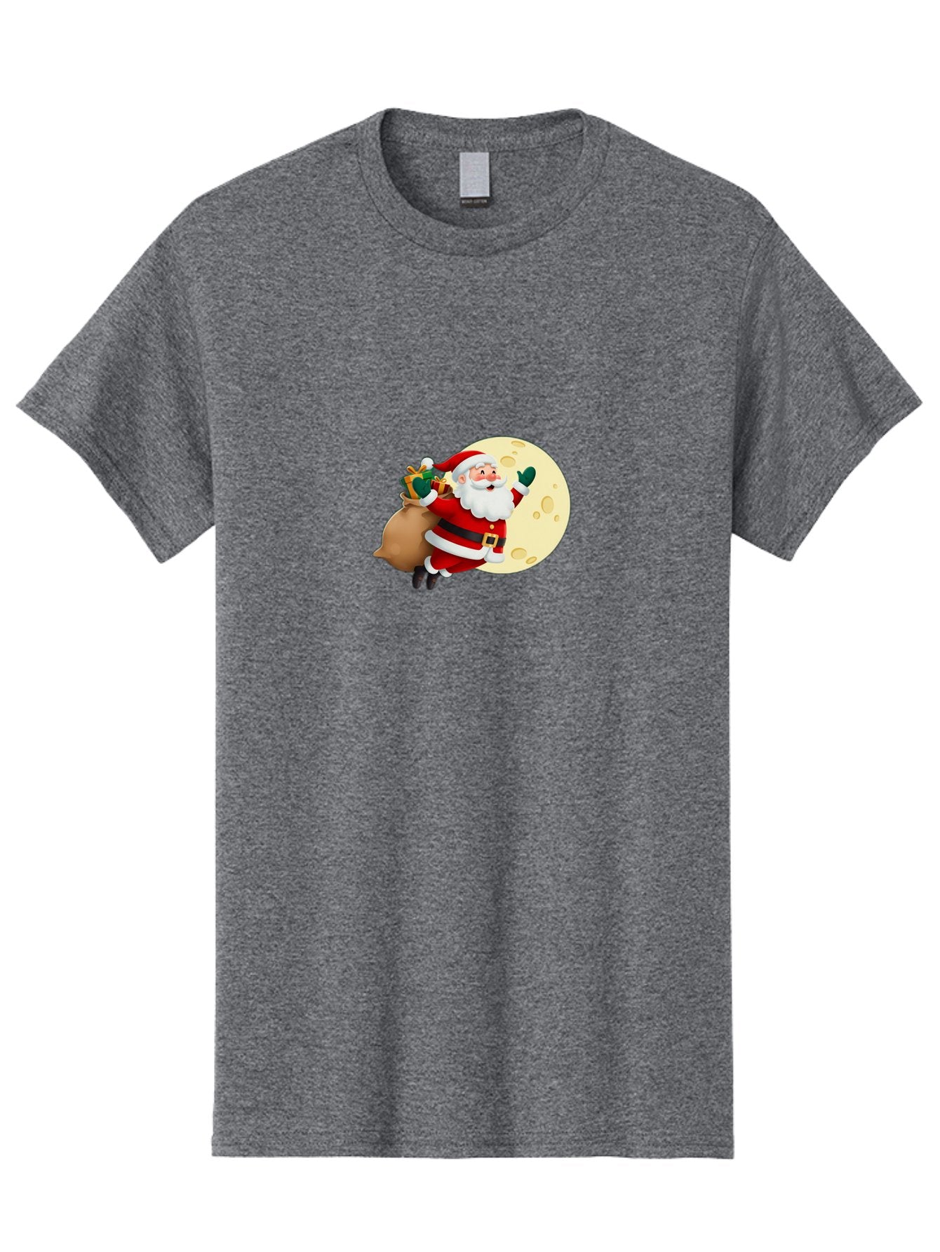 Santa-Claus Men'S Graphic Tee, 100% Cotton, Comfortable Casual Summer Wear, Machine Washable, Santa Claus Flying, Full Moon, Christmas Gifts, Festive Season, Holiday Cheer, Jolly Old Man, Sack Of Toys, Waving Hand, Joyful Atmosphere, Bac394