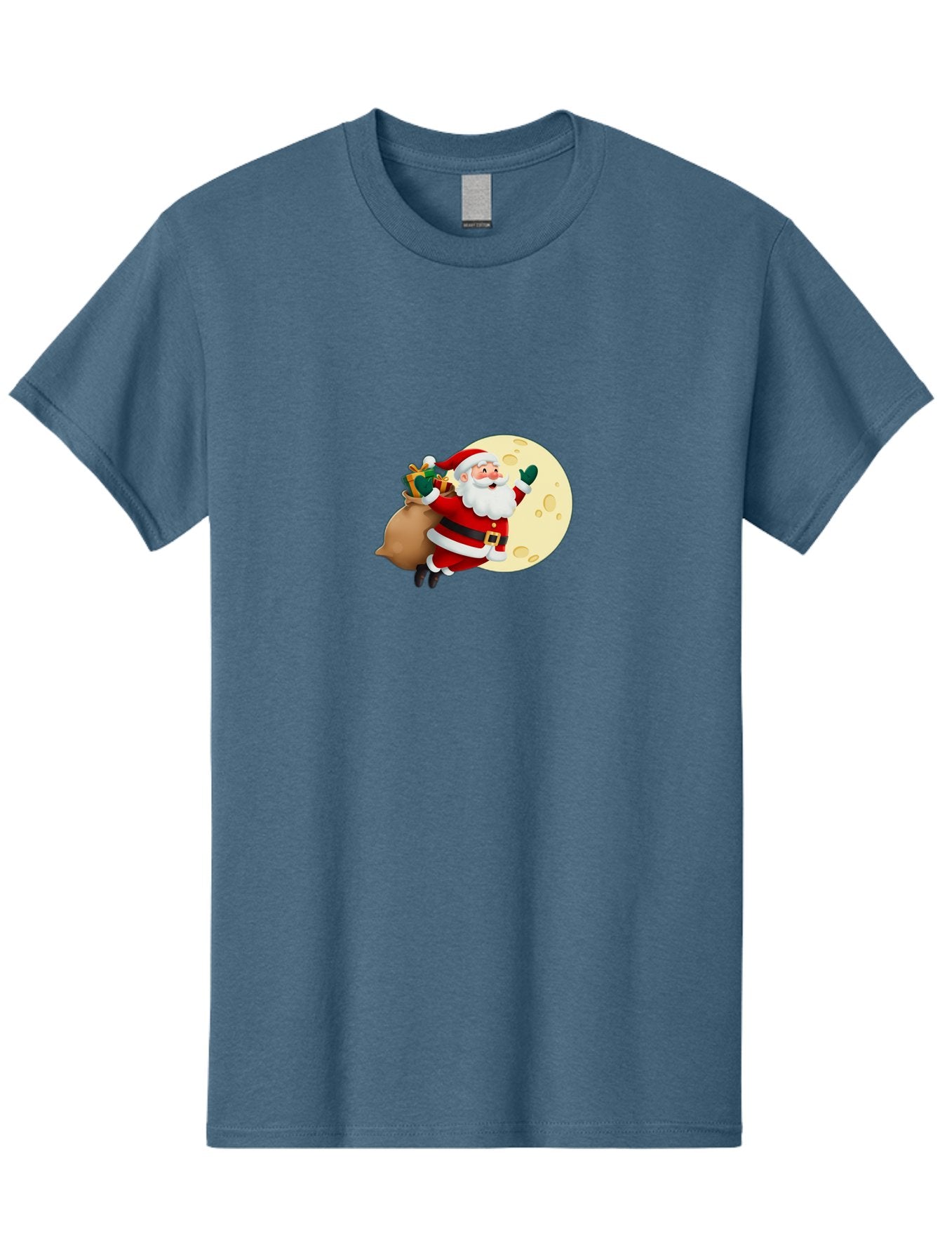 Santa-Claus Men'S Graphic Tee, 100% Cotton, Comfortable Casual Summer Wear, Machine Washable, Santa Claus Flying, Full Moon, Christmas Gifts, Festive Season, Holiday Cheer, Jolly Old Man, Sack Of Toys, Waving Hand, Joyful Atmosphere, Bac394 5