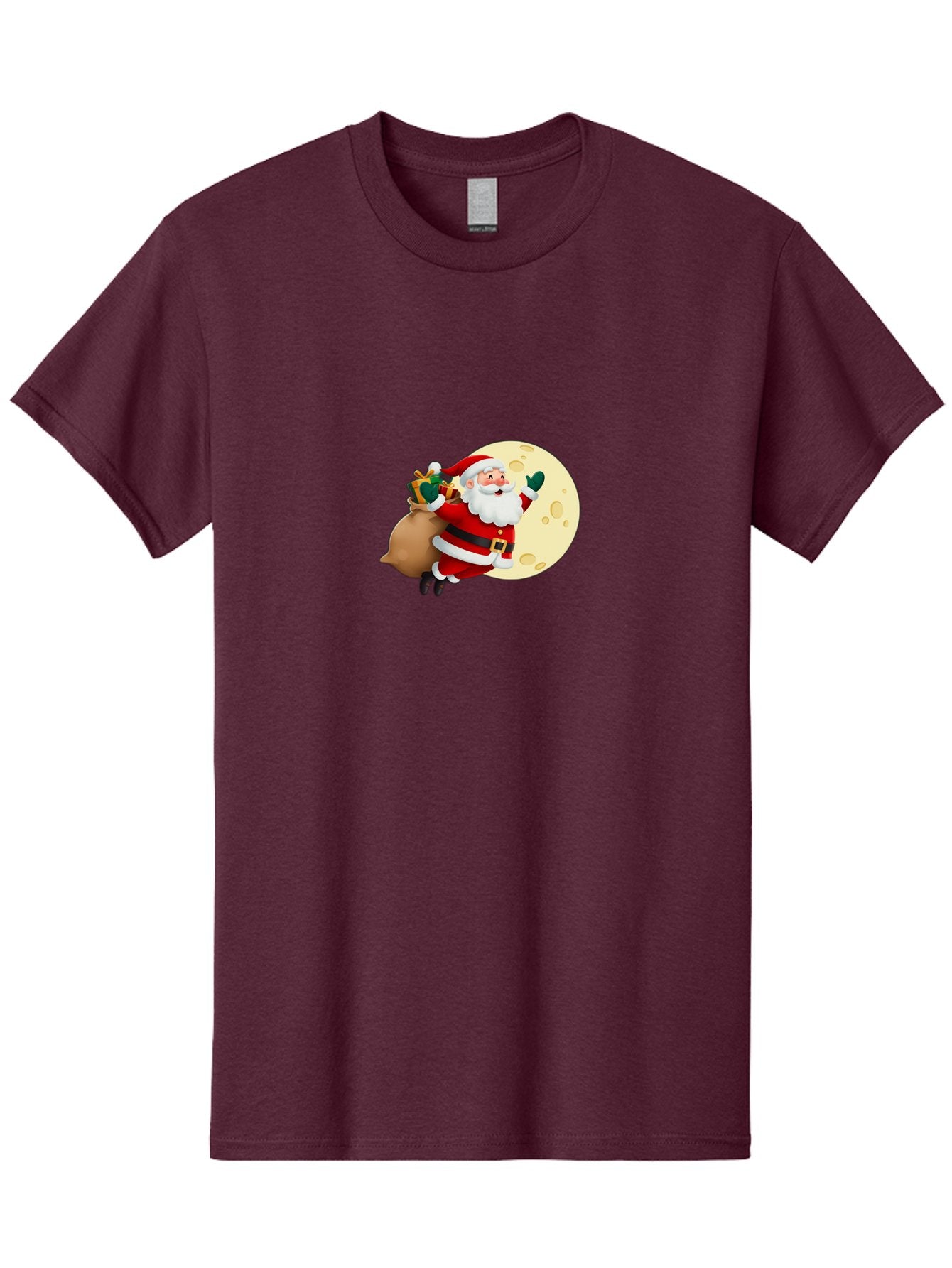 Santa-Claus Men'S Graphic Tee, 100% Cotton, Comfortable Casual Summer Wear, Machine Washable, Santa Claus Flying, Full Moon, Christmas Gifts, Festive Season, Holiday Cheer, Jolly Old Man, Sack Of Toys, Waving Hand, Joyful Atmosphere, Bac394 11