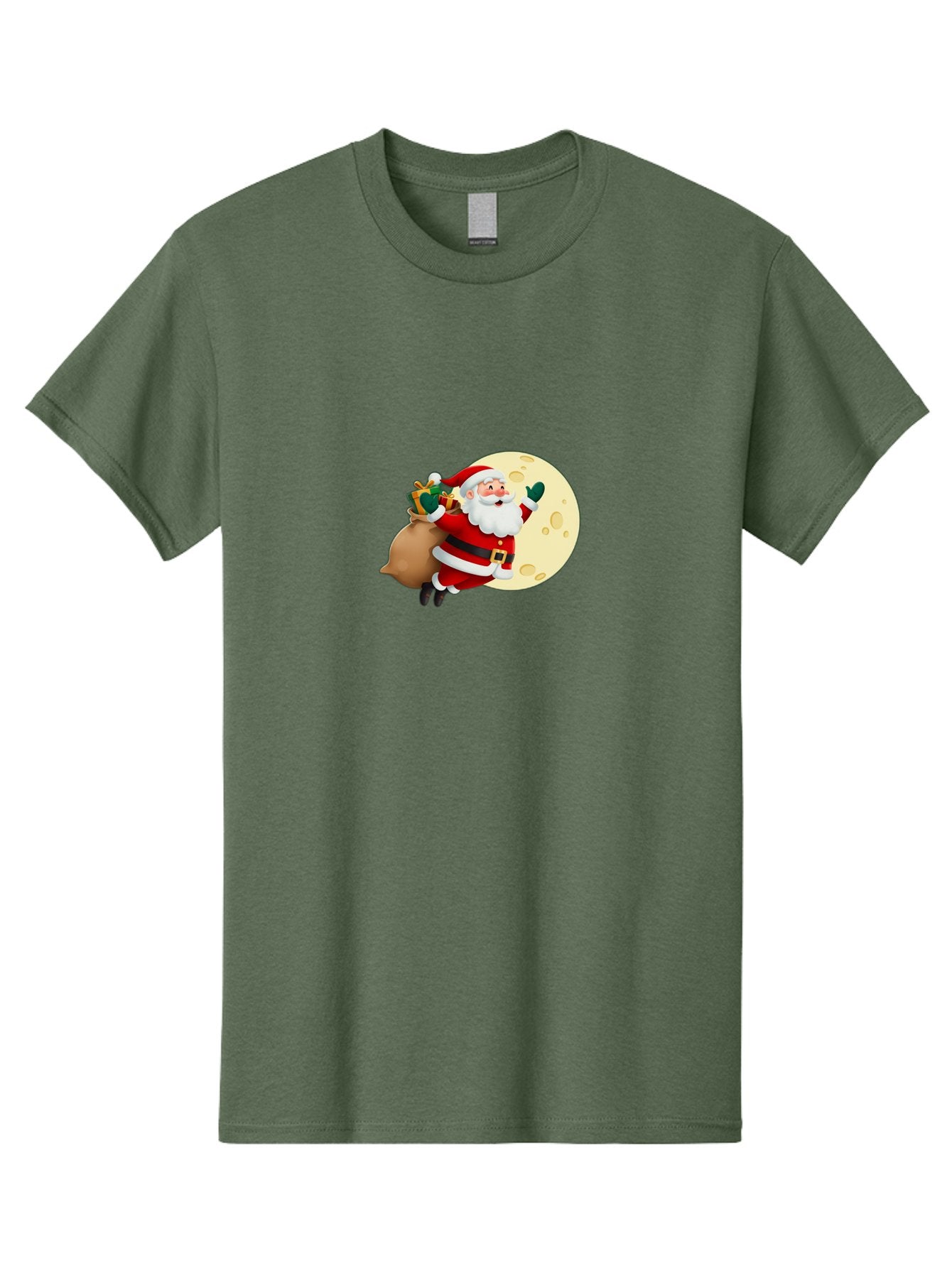 Santa-Claus Men'S Graphic Tee, 100% Cotton, Comfortable Casual Summer Wear, Machine Washable, Santa Claus Flying, Full Moon, Christmas Gifts, Festive Season, Holiday Cheer, Jolly Old Man, Sack Of Toys, Waving Hand, Joyful Atmosphere, Bac394 7