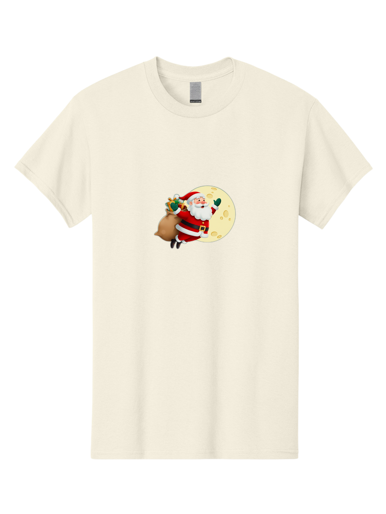 Santa-Claus Men'S Graphic Tee, 100% Cotton, Comfortable Casual Summer Wear, Machine Washable, Santa Claus Flying, Full Moon, Christmas Gifts, Festive Season, Holiday Cheer, Jolly Old Man, Sack Of Toys, Waving Hand, Joyful Atmosphere, Bac394