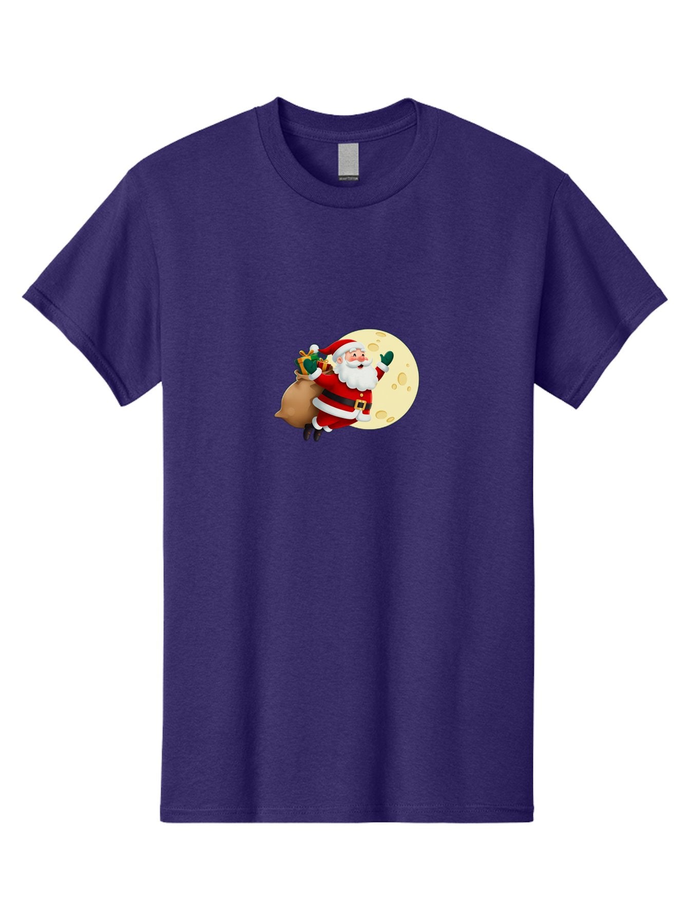 Santa-Claus Men'S Graphic Tee, 100% Cotton, Comfortable Casual Summer Wear, Machine Washable, Santa Claus Flying, Full Moon, Christmas Gifts, Festive Season, Holiday Cheer, Jolly Old Man, Sack Of Toys, Waving Hand, Joyful Atmosphere, Bac394 10