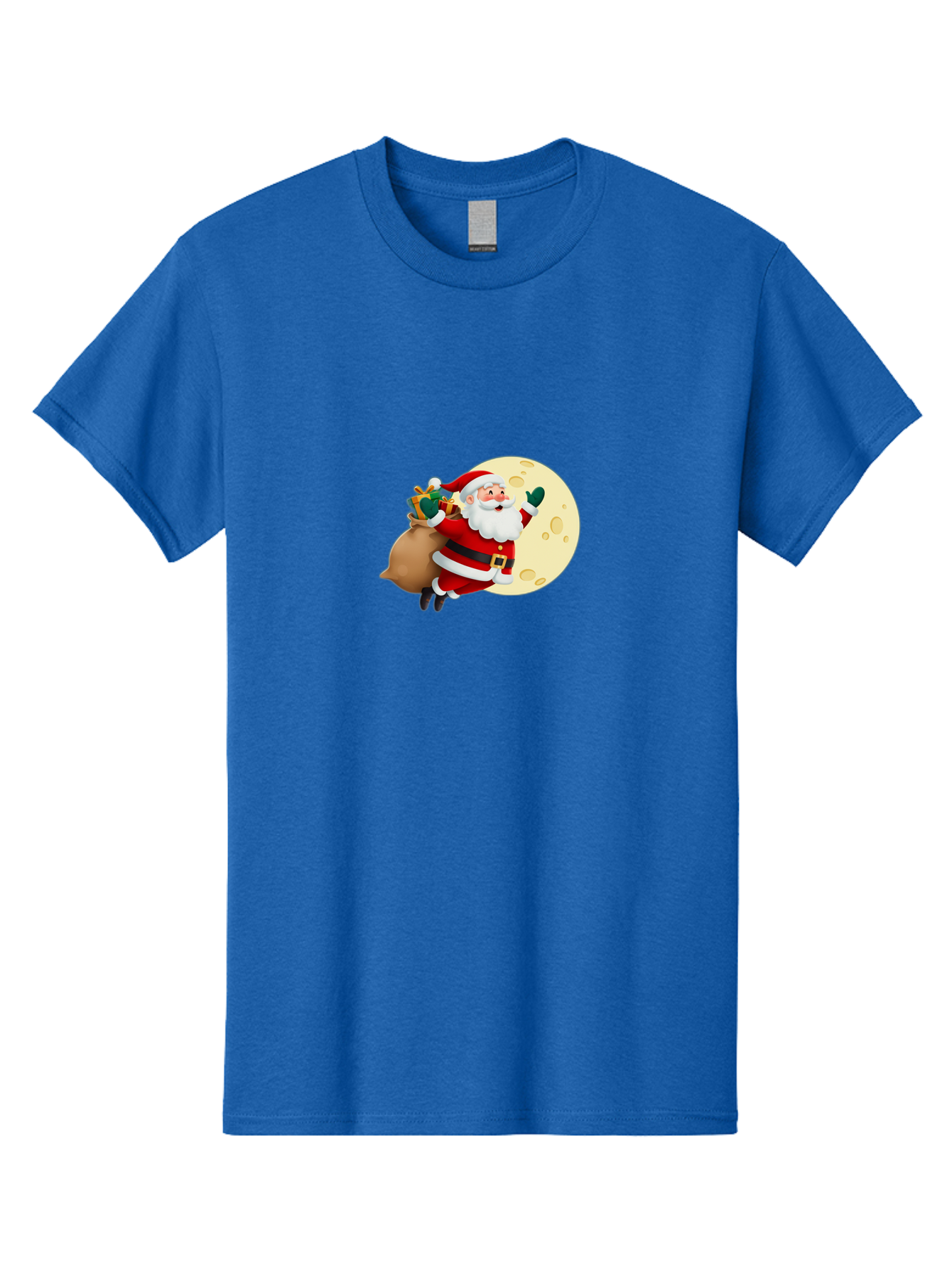 Santa-Claus Men'S Graphic Tee, 100% Cotton, Comfortable Casual Summer Wear, Machine Washable, Santa Claus Flying, Full Moon, Christmas Gifts, Festive Season, Holiday Cheer, Jolly Old Man, Sack Of Toys, Waving Hand, Joyful Atmosphere, Bac394