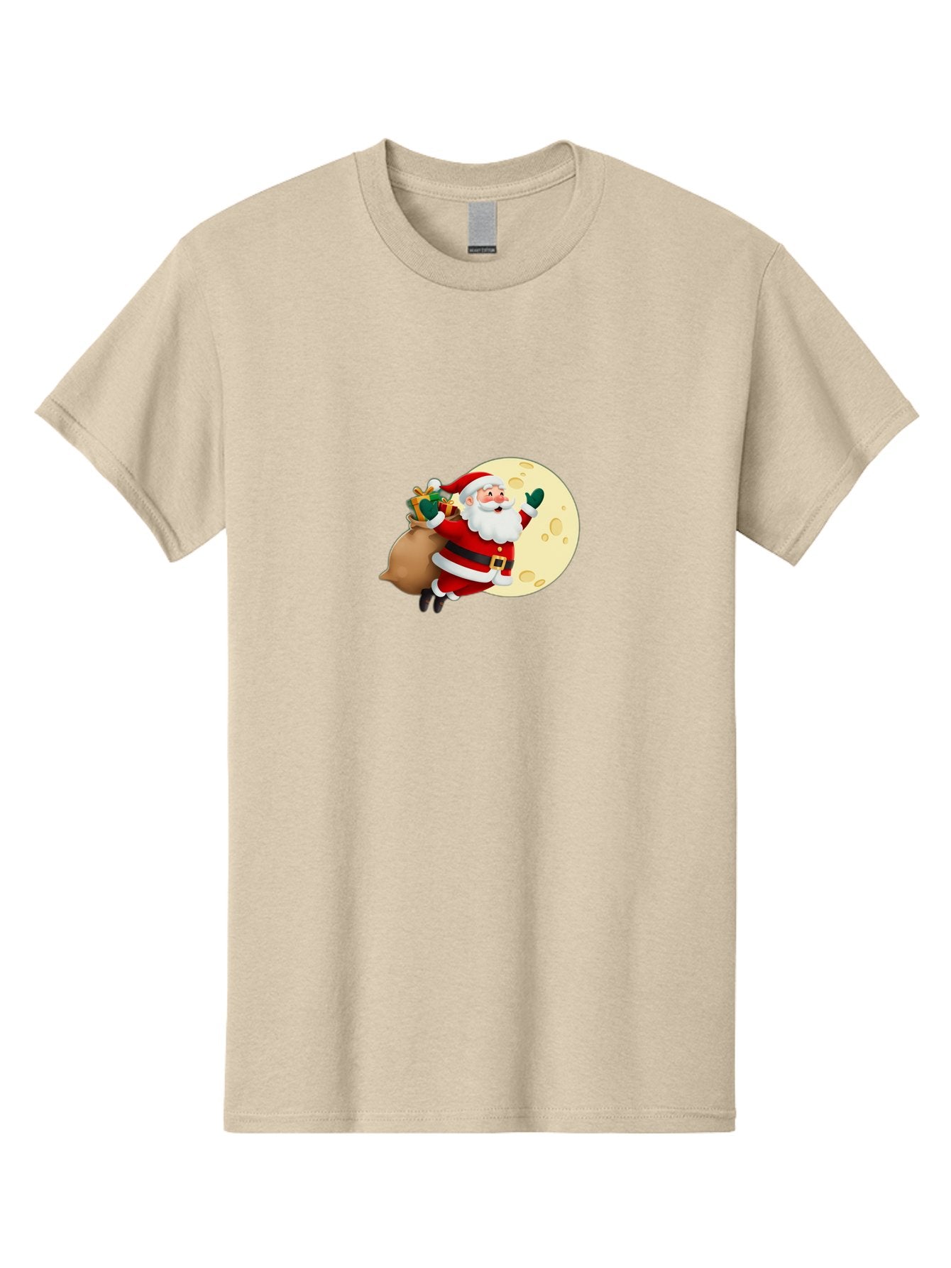 Santa-Claus Men'S Graphic Tee, 100% Cotton, Comfortable Casual Summer Wear, Machine Washable, Santa Claus Flying, Full Moon, Christmas Gifts, Festive Season, Holiday Cheer, Jolly Old Man, Sack Of Toys, Waving Hand, Joyful Atmosphere, Bac394 3
