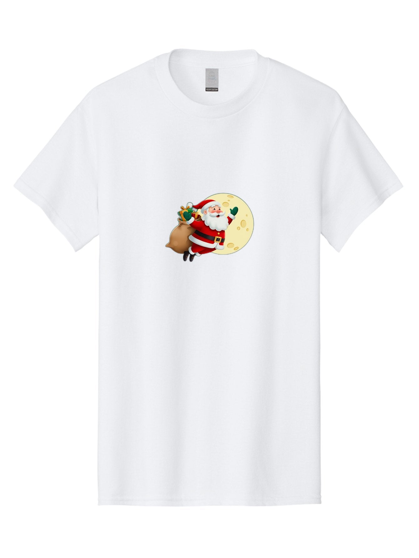 Santa-Claus Men'S Graphic Tee, 100% Cotton, Comfortable Casual Summer Wear, Machine Washable, Santa Claus Flying, Full Moon, Christmas Gifts, Festive Season, Holiday Cheer, Jolly Old Man, Sack Of Toys, Waving Hand, Joyful Atmosphere, Bac394 9