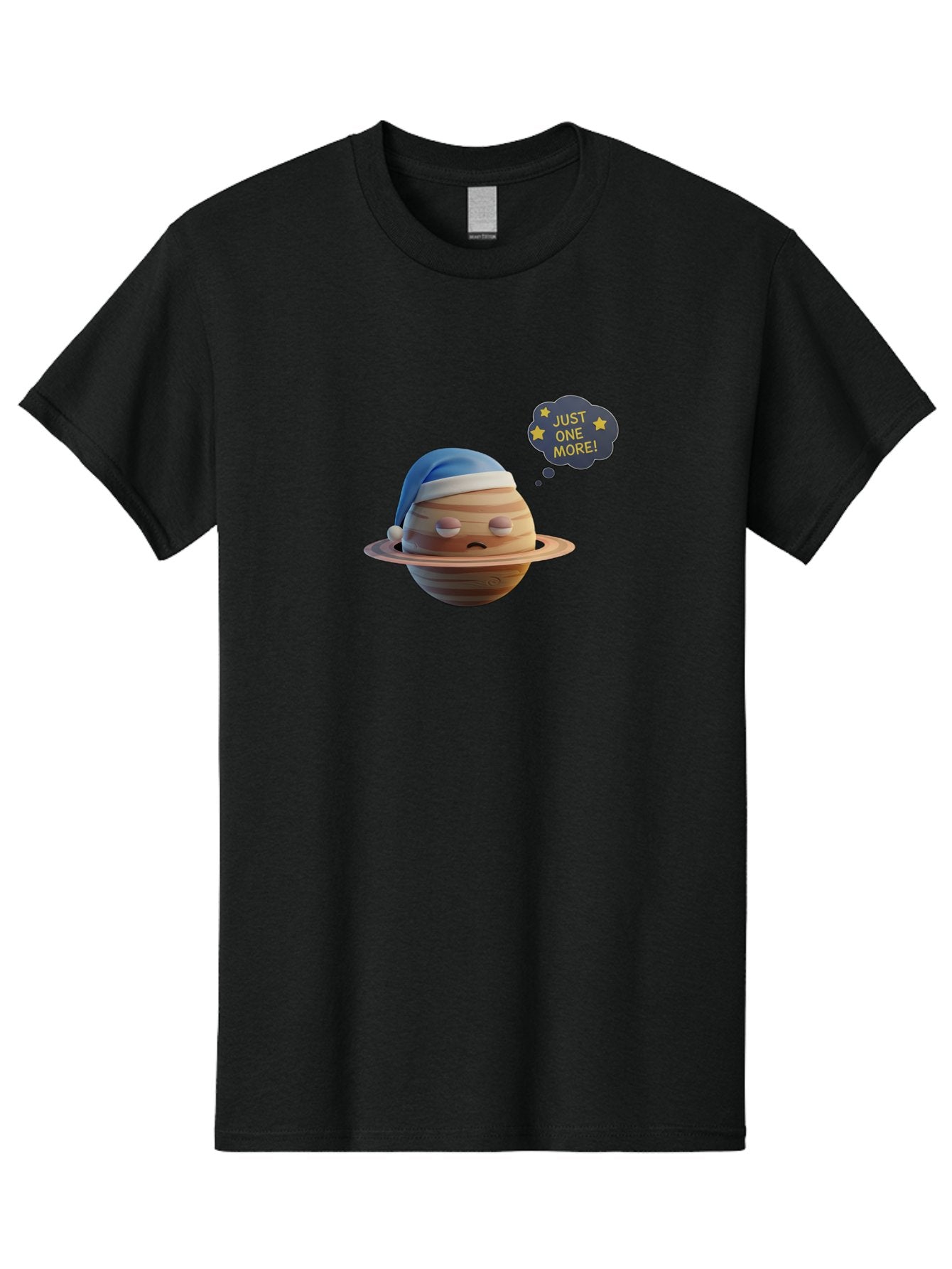 Saturn-With-Sleeping-Cap Men'S Graphic Tee, 100% Cotton, Comfortable Casual Summer Wear, Machine Washable, Cartoon Planet, Sad Expression, Blue Sleeping Mask, Thought Bubble, Just One More, Stars, Ringed Planet, Fun Design, Kawaii Style, Bac396 8