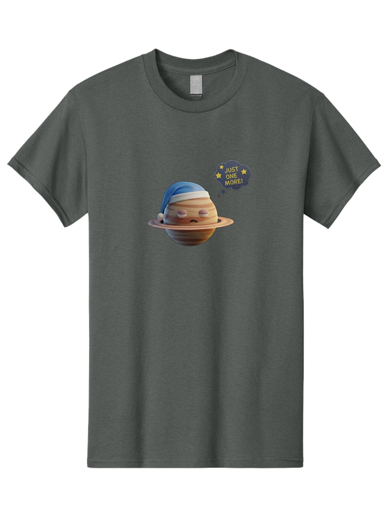 Saturn-With-Sleeping-Cap Men'S Graphic Tee, 100% Cotton, Comfortable Casual Summer Wear, Machine Washable, Cartoon Planet, Sad Expression, Blue Sleeping Mask, Thought Bubble, Just One More, Stars, Ringed Planet, Fun Design, Kawaii Style, Bac396