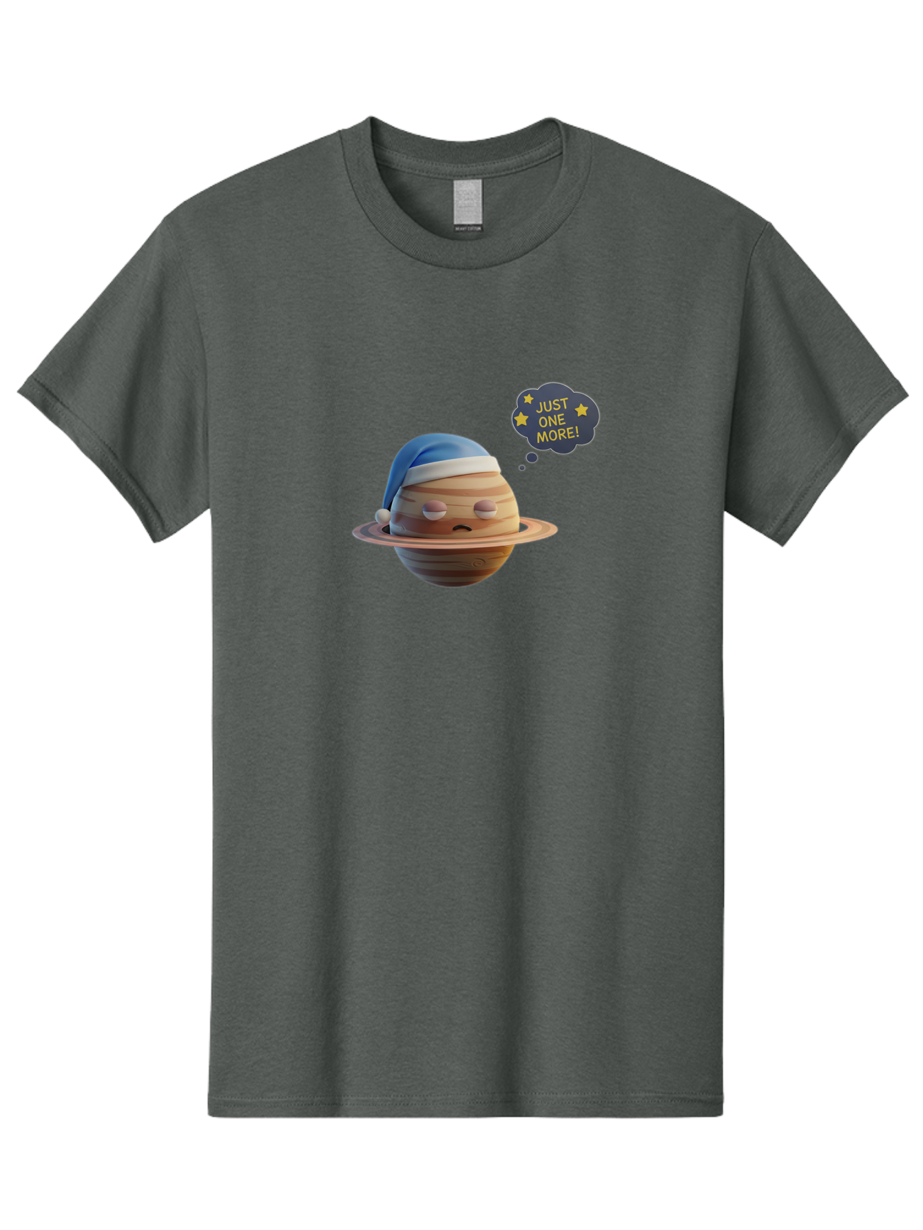 Saturn-With-Sleeping-Cap Men'S Graphic Tee, 100% Cotton, Comfortable Casual Summer Wear, Machine Washable, Cartoon Planet, Sad Expression, Blue Sleeping Mask, Thought Bubble, Just One More, Stars, Ringed Planet, Fun Design, Kawaii Style, Bac396 11