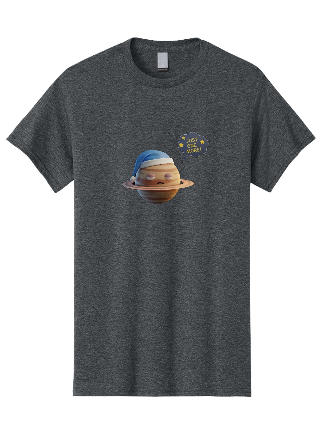 Saturn-With-Sleeping-Cap Men'S Graphic Tee, 100% Cotton, Comfortable Casual Summer Wear, Machine Washable, Cartoon Planet, Sad Expression, Blue Sleeping Mask, Thought Bubble, Just One More, Stars, Ringed Planet, Fun Design, Kawaii Style, Bac396 9
