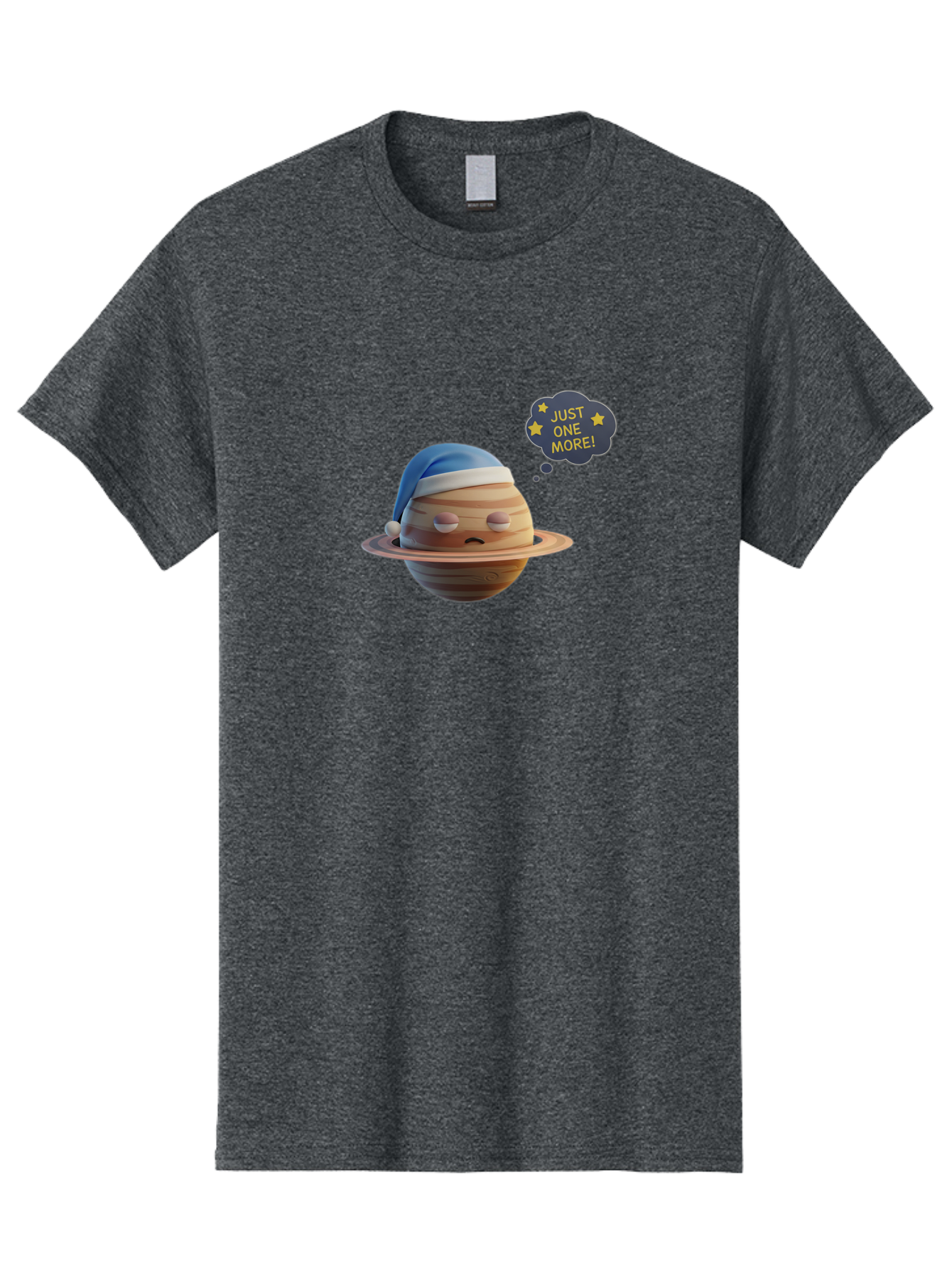 Saturn-With-Sleeping-Cap Men'S Graphic Tee, 100% Cotton, Comfortable Casual Summer Wear, Machine Washable, Cartoon Planet, Sad Expression, Blue Sleeping Mask, Thought Bubble, Just One More, Stars, Ringed Planet, Fun Design, Kawaii Style, Bac396 5