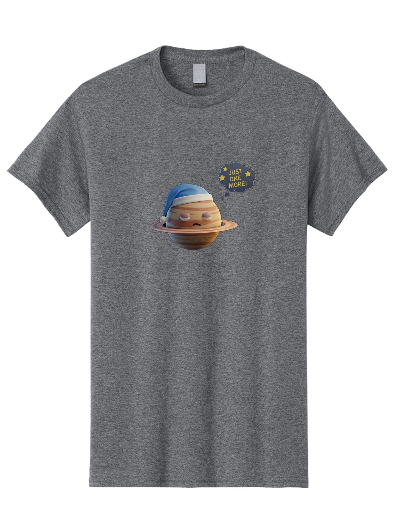 Saturn-With-Sleeping-Cap Men'S Graphic Tee, 100% Cotton, Comfortable Casual Summer Wear, Machine Washable, Cartoon Planet, Sad Expression, Blue Sleeping Mask, Thought Bubble, Just One More, Stars, Ringed Planet, Fun Design, Kawaii Style, Bac396 15