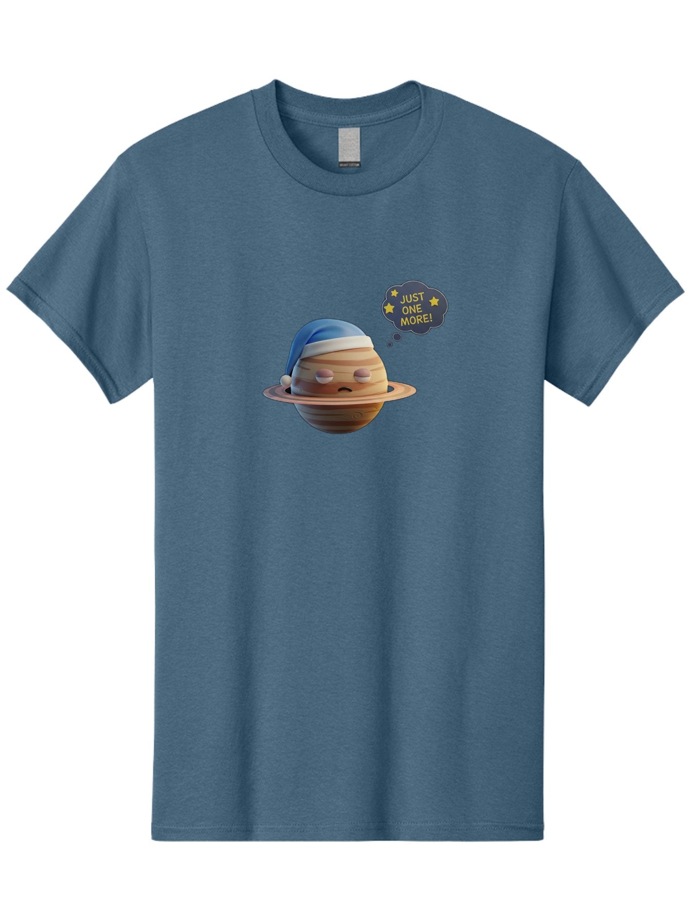 Saturn-With-Sleeping-Cap Men'S Graphic Tee, 100% Cotton, Comfortable Casual Summer Wear, Machine Washable, Cartoon Planet, Sad Expression, Blue Sleeping Mask, Thought Bubble, Just One More, Stars, Ringed Planet, Fun Design, Kawaii Style, Bac396 11