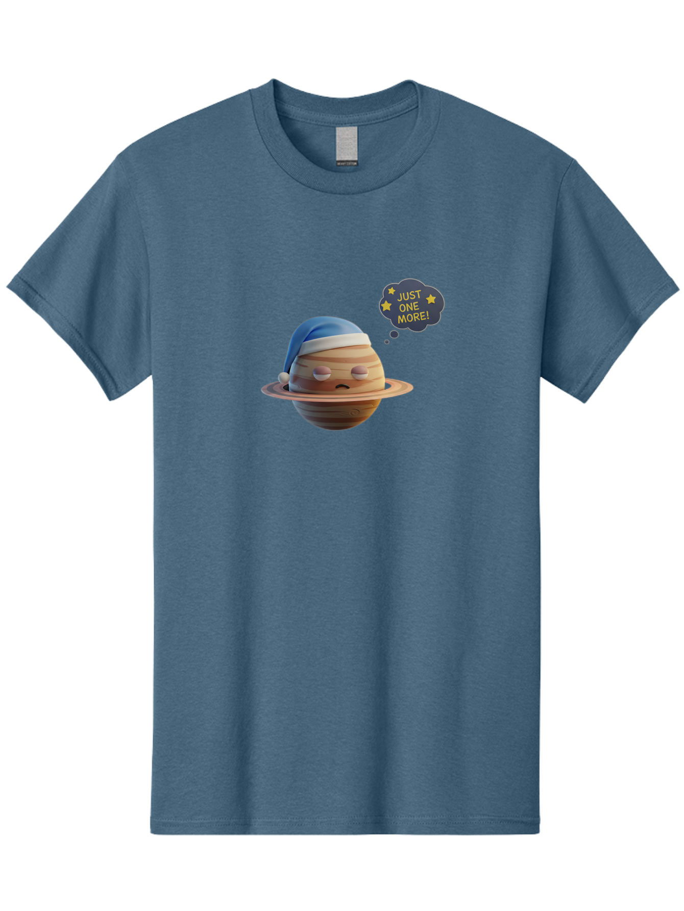 Saturn-With-Sleeping-Cap Men'S Graphic Tee, 100% Cotton, Comfortable Casual Summer Wear, Machine Washable, Cartoon Planet, Sad Expression, Blue Sleeping Mask, Thought Bubble, Just One More, Stars, Ringed Planet, Fun Design, Kawaii Style, Bac396 4