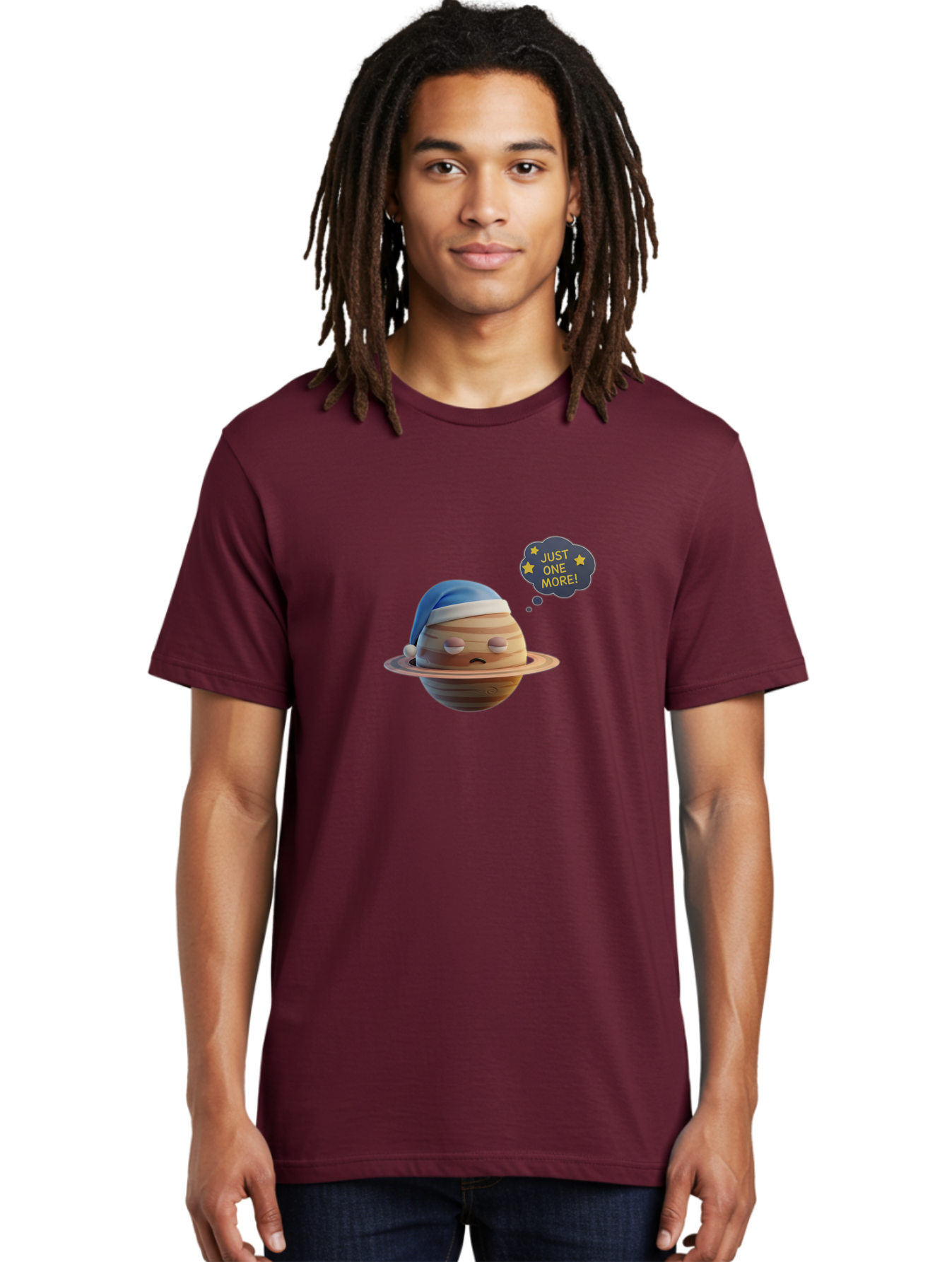 Saturn-With-Sleeping-Cap Men'S Graphic Tee, 100% Cotton, Comfortable Casual Summer Wear, Machine Washable, Cartoon Planet, Sad Expression, Blue Sleeping Mask, Thought Bubble, Just One More, Stars, Ringed Planet, Fun Design, Kawaii Style, Bac396 30