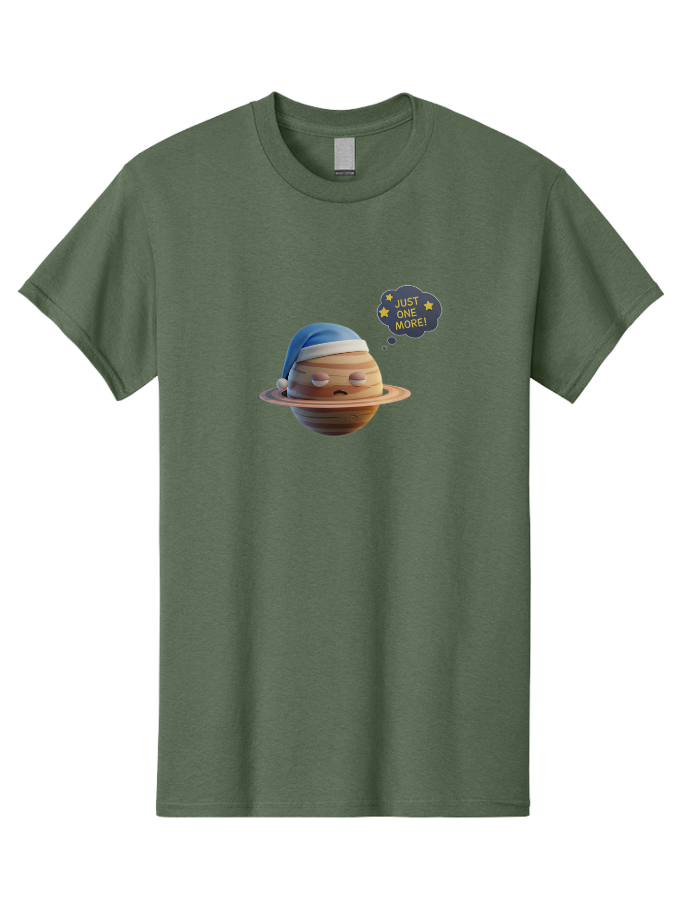 Saturn-With-Sleeping-Cap Men'S Graphic Tee, 100% Cotton, Comfortable Casual Summer Wear, Machine Washable, Cartoon Planet, Sad Expression, Blue Sleeping Mask, Thought Bubble, Just One More, Stars, Ringed Planet, Fun Design, Kawaii Style, Bac396 13