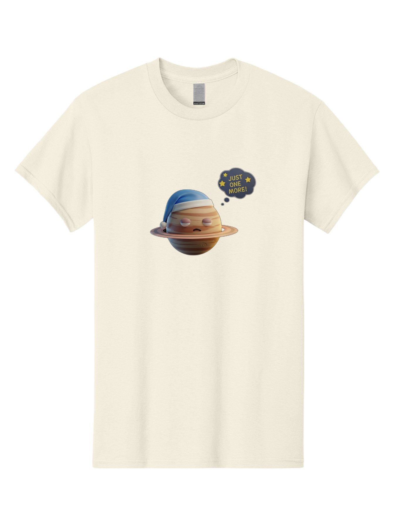 Saturn-With-Sleeping-Cap Men'S Graphic Tee, 100% Cotton, Comfortable Casual Summer Wear, Machine Washable, Cartoon Planet, Sad Expression, Blue Sleeping Mask, Thought Bubble, Just One More, Stars, Ringed Planet, Fun Design, Kawaii Style, Bac396 14