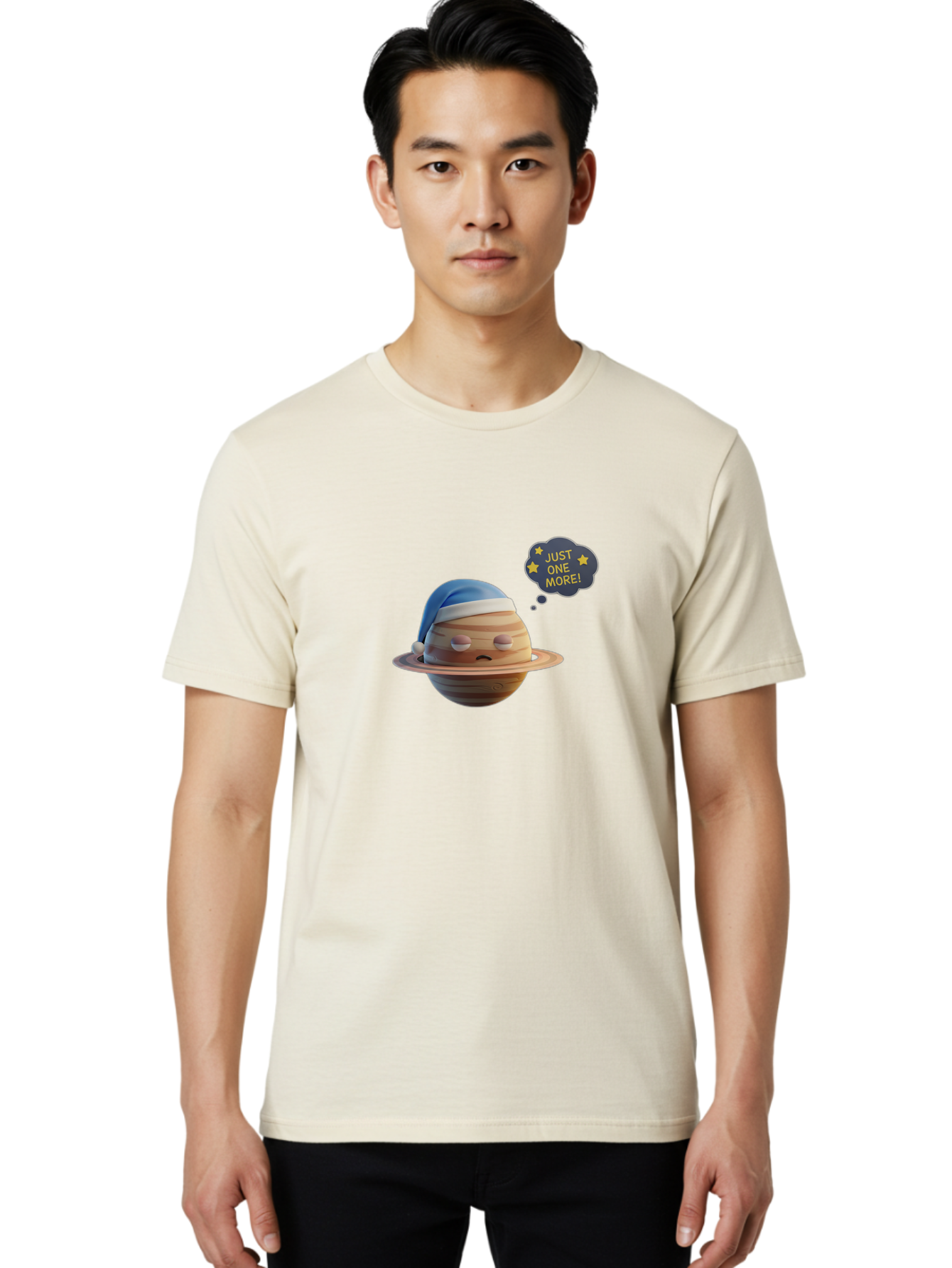 Saturn-With-Sleeping-Cap Men'S Graphic Tee, 100% Cotton, Comfortable Casual Summer Wear, Machine Washable, Cartoon Planet, Sad Expression, Blue Sleeping Mask, Thought Bubble, Just One More, Stars, Ringed Planet, Fun Design, Kawaii Style, Bac396 17