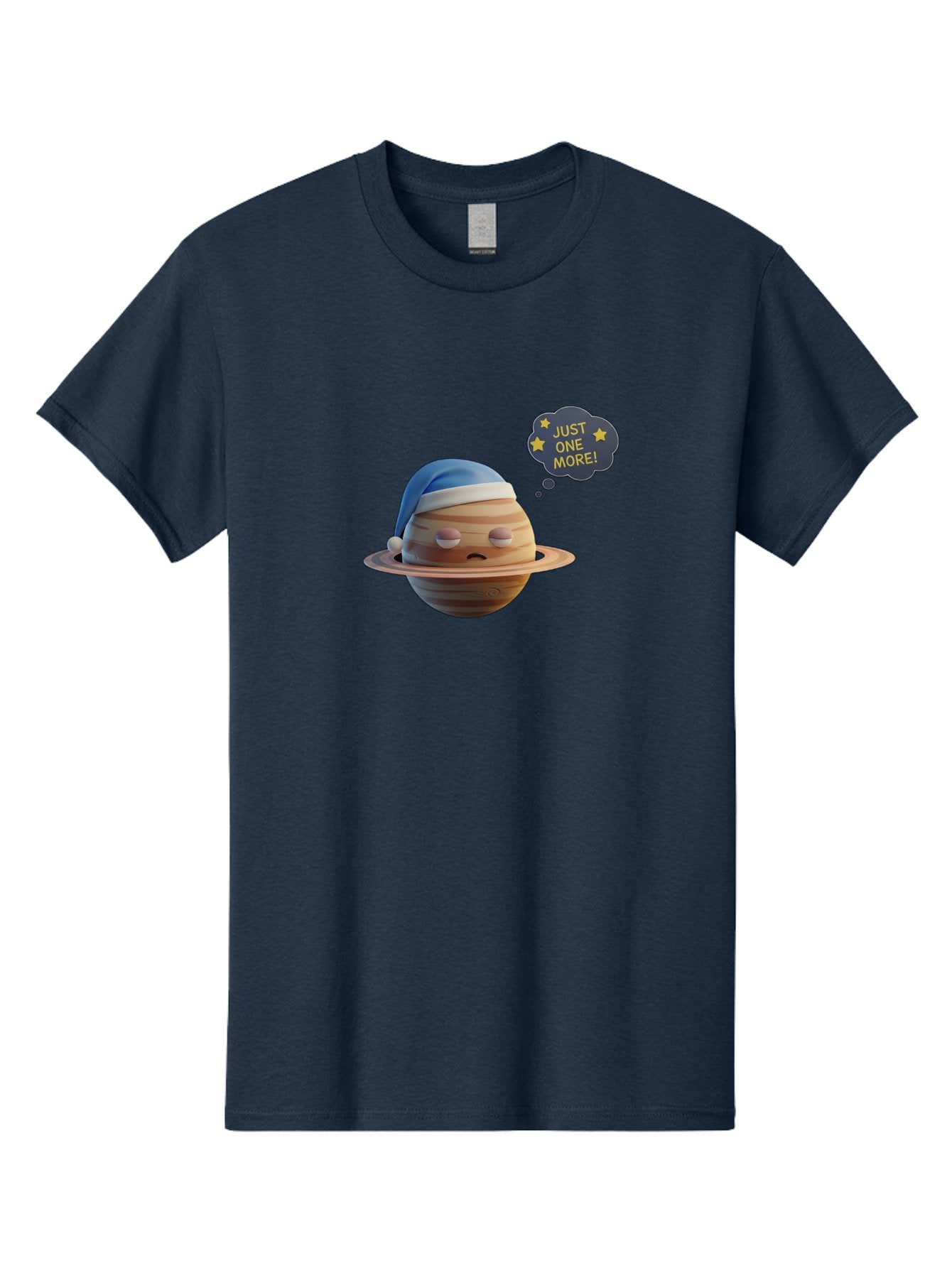 Saturn-With-Sleeping-Cap Men'S Graphic Tee, 100% Cotton, Comfortable Casual Summer Wear, Machine Washable, Cartoon Planet, Sad Expression, Blue Sleeping Mask, Thought Bubble, Just One More, Stars, Ringed Planet, Fun Design, Kawaii Style, Bac396 5