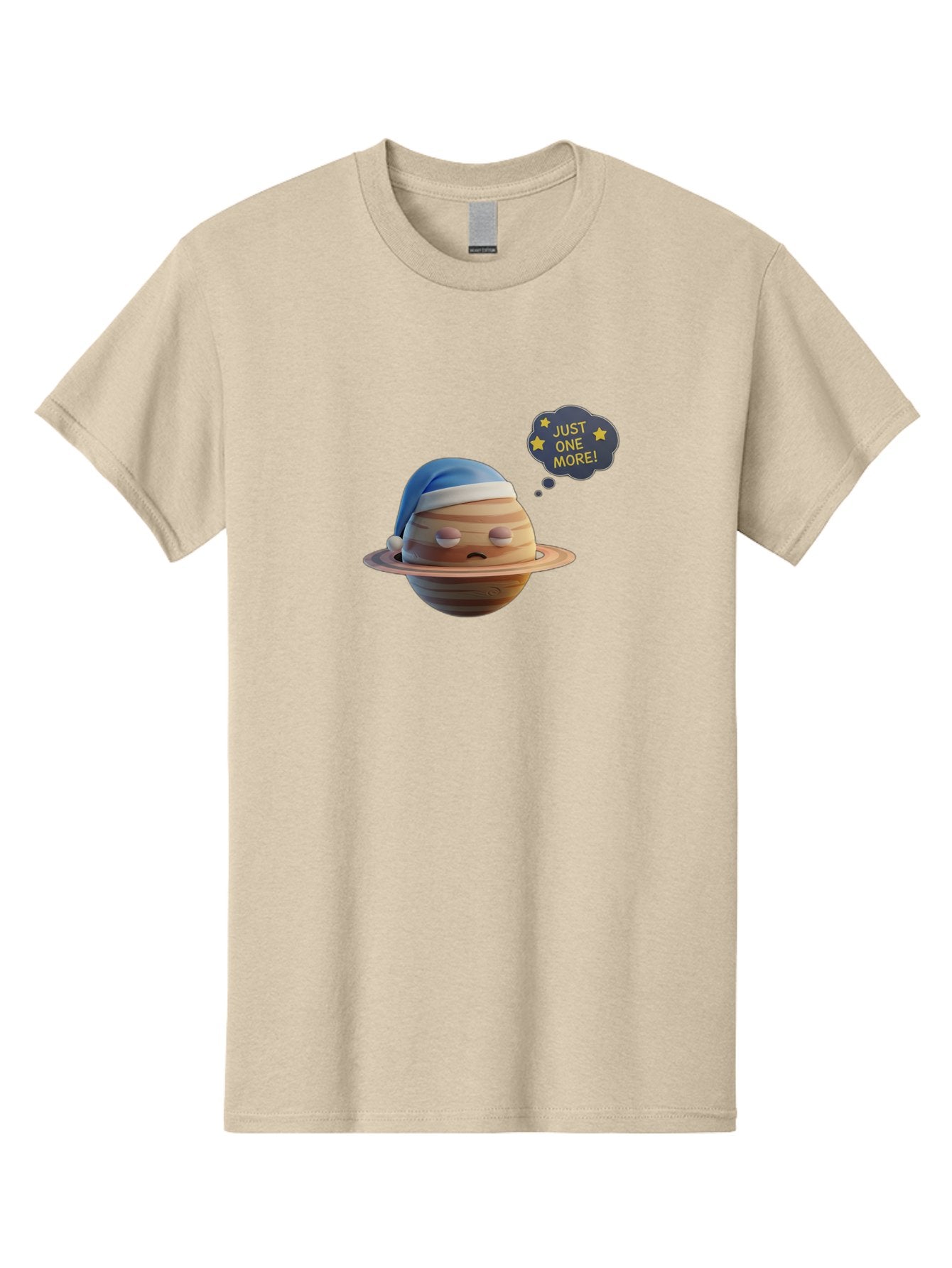 Saturn-With-Sleeping-Cap Men'S Graphic Tee, 100% Cotton, Comfortable Casual Summer Wear, Machine Washable, Cartoon Planet, Sad Expression, Blue Sleeping Mask, Thought Bubble, Just One More, Stars, Ringed Planet, Fun Design, Kawaii Style, Bac396 4