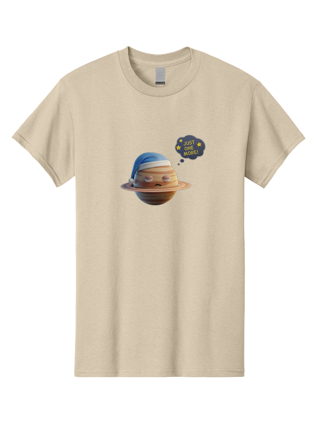 Saturn-With-Sleeping-Cap Men'S Graphic Tee, 100% Cotton, Comfortable Casual Summer Wear, Machine Washable, Cartoon Planet, Sad Expression, Blue Sleeping Mask, Thought Bubble, Just One More, Stars, Ringed Planet, Fun Design, Kawaii Style, Bac396 12
