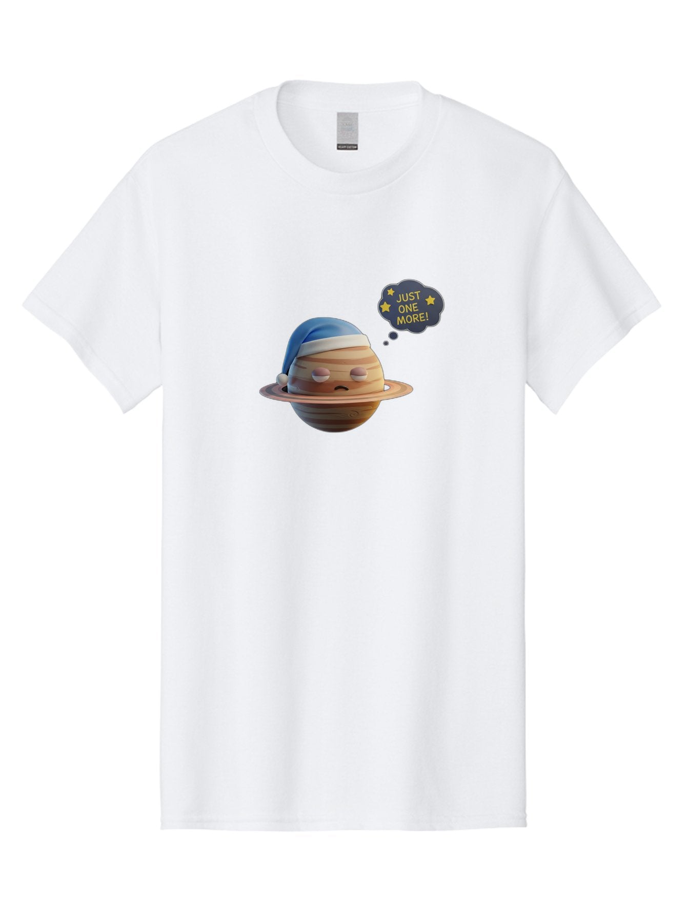 Saturn-With-Sleeping-Cap Men'S Graphic Tee, 100% Cotton, Comfortable Casual Summer Wear, Machine Washable, Cartoon Planet, Sad Expression, Blue Sleeping Mask, Thought Bubble, Just One More, Stars, Ringed Planet, Fun Design, Kawaii Style, Bac396 6