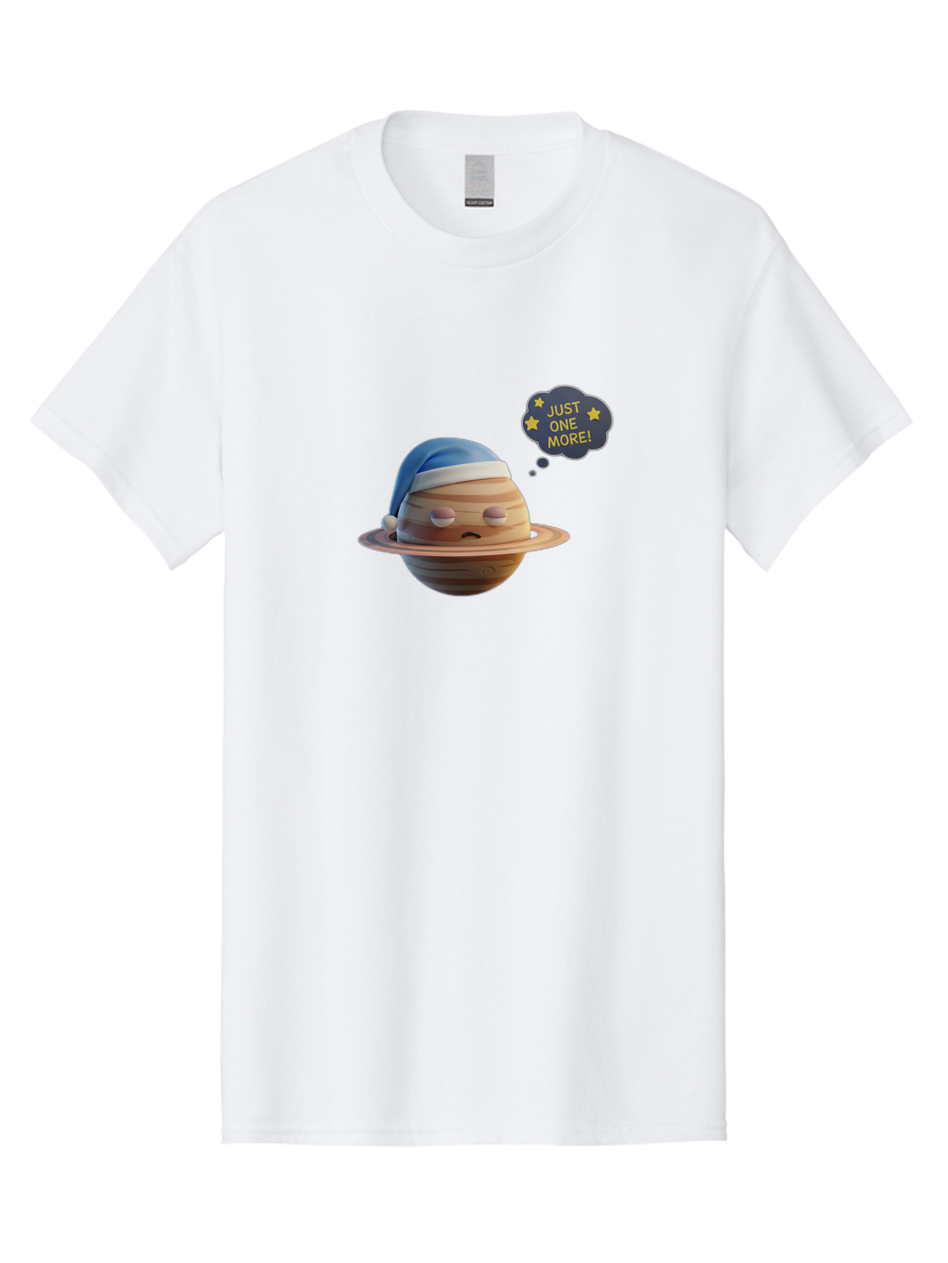 Saturn-With-Sleeping-Cap Men'S Graphic Tee, 100% Cotton, Comfortable Casual Summer Wear, Machine Washable, Cartoon Planet, Sad Expression, Blue Sleeping Mask, Thought Bubble, Just One More, Stars, Ringed Planet, Fun Design, Kawaii Style, Bac396 7