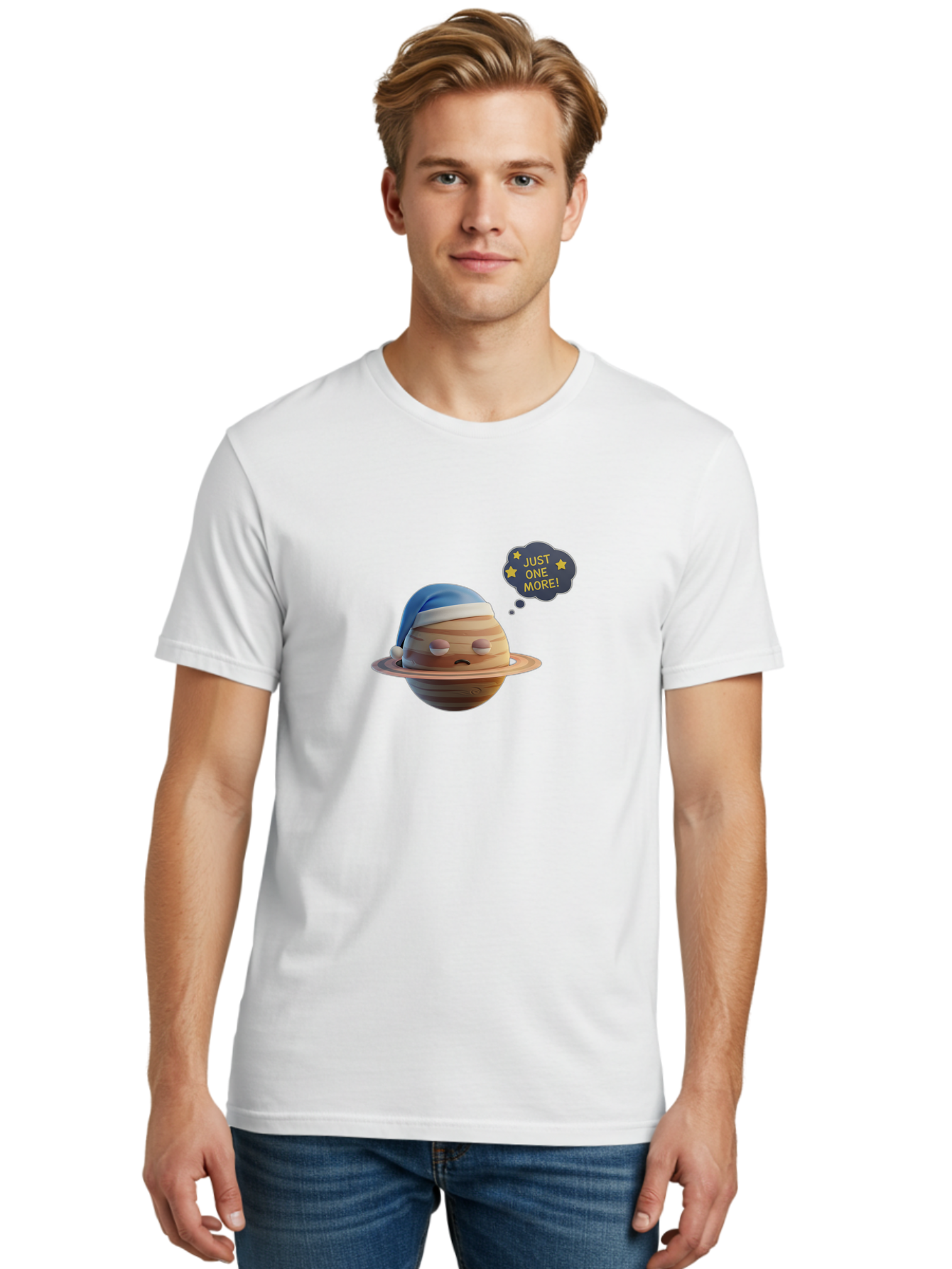 Saturn-With-Sleeping-Cap Men'S Graphic Tee, 100% Cotton, Comfortable Casual Summer Wear, Machine Washable, Cartoon Planet, Sad Expression, Blue Sleeping Mask, Thought Bubble, Just One More, Stars, Ringed Planet, Fun Design, Kawaii Style, Bac396 22
