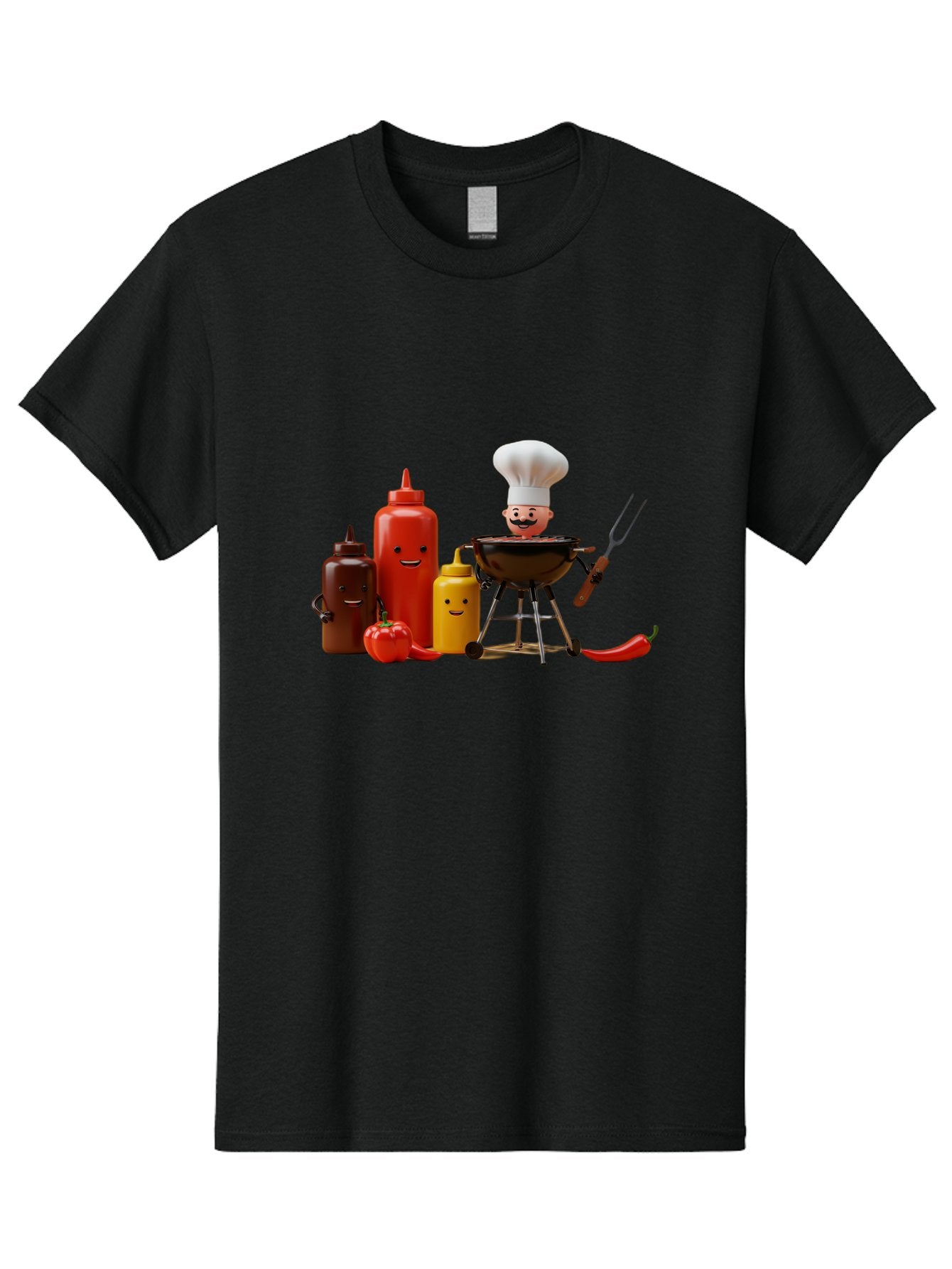 Saucy-Chef Men'S Graphic Tee, 100% Cotton, Comfortable Casual Summer Wear, Machine Washable, Fun Kitchen Utensils, Chef Cooking, Cartoon Characters, Barbecue Grill, Bbq Sauce, Hot Sauce, Mustard Bottle, Cartoon Cooking, Grilled Food, Bac397 13